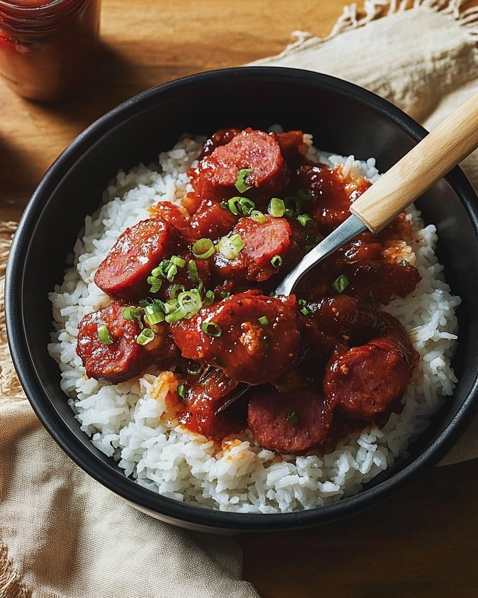 BBQ Smoked Sausage and Rice, smoky sausage rice bowl, easy barbecue sausage recipe, quick sausage and rice dinner, flavorful smoked sausage dish A black bowl filled with white rice at the bottom and a layer of red sausage slices covered in thick, deep red sauce with small bits of green onion sprinkled on top. A fork lifting some rice and sausage is held by a woman's hand, and a knife with a brown handle rests on the edge of the bowl. The bowl is placed on a wooden surface next to a beige napkin and a bottle of red hot sauce in the background.