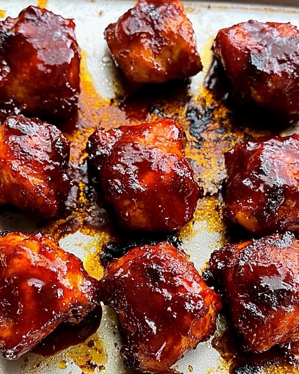 Oven BBQ Chicken Thighs with Peach Preserves, grilled chicken with peach glaze, easy baked BBQ chicken, healthy chicken thigh recipes, caramelized chicken skin The image shows a baking tray with two rows of glazed chicken pieces, each piece covered in a shiny, reddish-brown sauce that looks thick and sticky. The chicken pieces have slightly charred edges and a crispy texture, with the sauce catching the light to show its glossy surface. The baking tray has dark brown spots from caramelized sauce and cooked juices, adding contrast to the golden-brown and reddish tones of the chicken. This close-up shot focuses on the rich colors and texture of the sauced chicken pieces spread evenly on the tray.