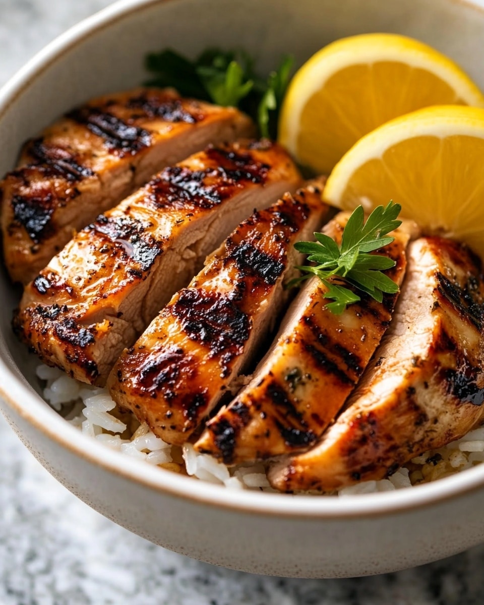 Best Grilled Chicken, juicy grilled chicken, flavorful grilled chicken recipe, easy grilled chicken marinade, summer grilling recipes The image shows a white bowl with grilled chicken sliced into pieces placed over a bed of rice. The chicken has a rich brown color with dark grill marks and a slightly shiny texture from the glaze. Two bright yellow lemon wedges are placed inside the bowl on one side, and a small sprig of green herbs rests on top of the chicken. The bowl is set on a white marbled surface.