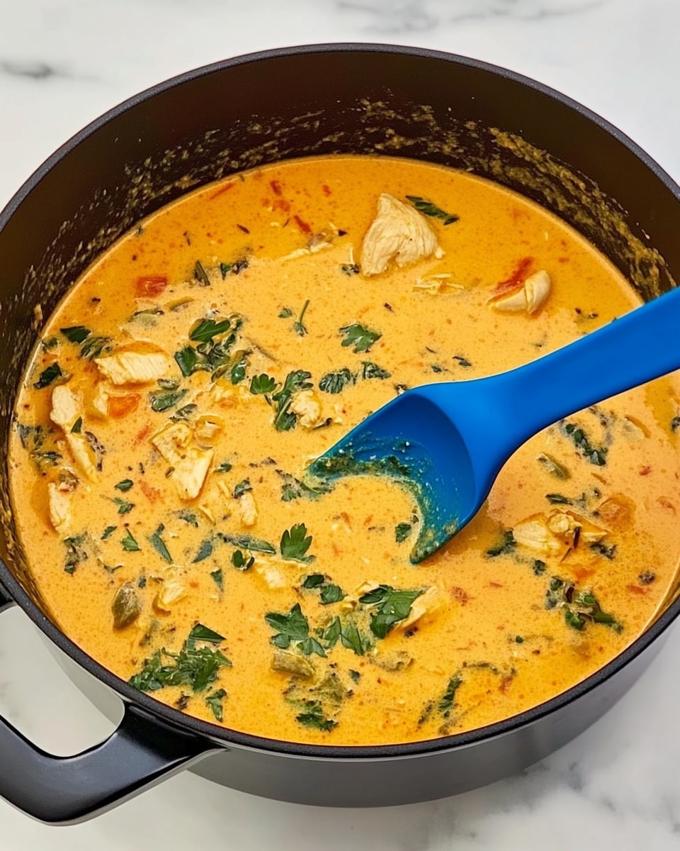 A large white pot filled with creamy soup that has a light orange color, filled with shell-shaped pasta, shredded light beige chicken, dark green spinach leaves, and small pieces of red tomatoes. A silver ladle is lifting a spoonful from the pot, showing the same layers with some red chili flakes sprinkled on top. The pot sits on a white marbled surface with a gray and white striped cloth beneath it. The texture of the soup looks thick and smooth with visible herbs mixed in. photo taken with an iphone --ar 4:5 --v 6.1