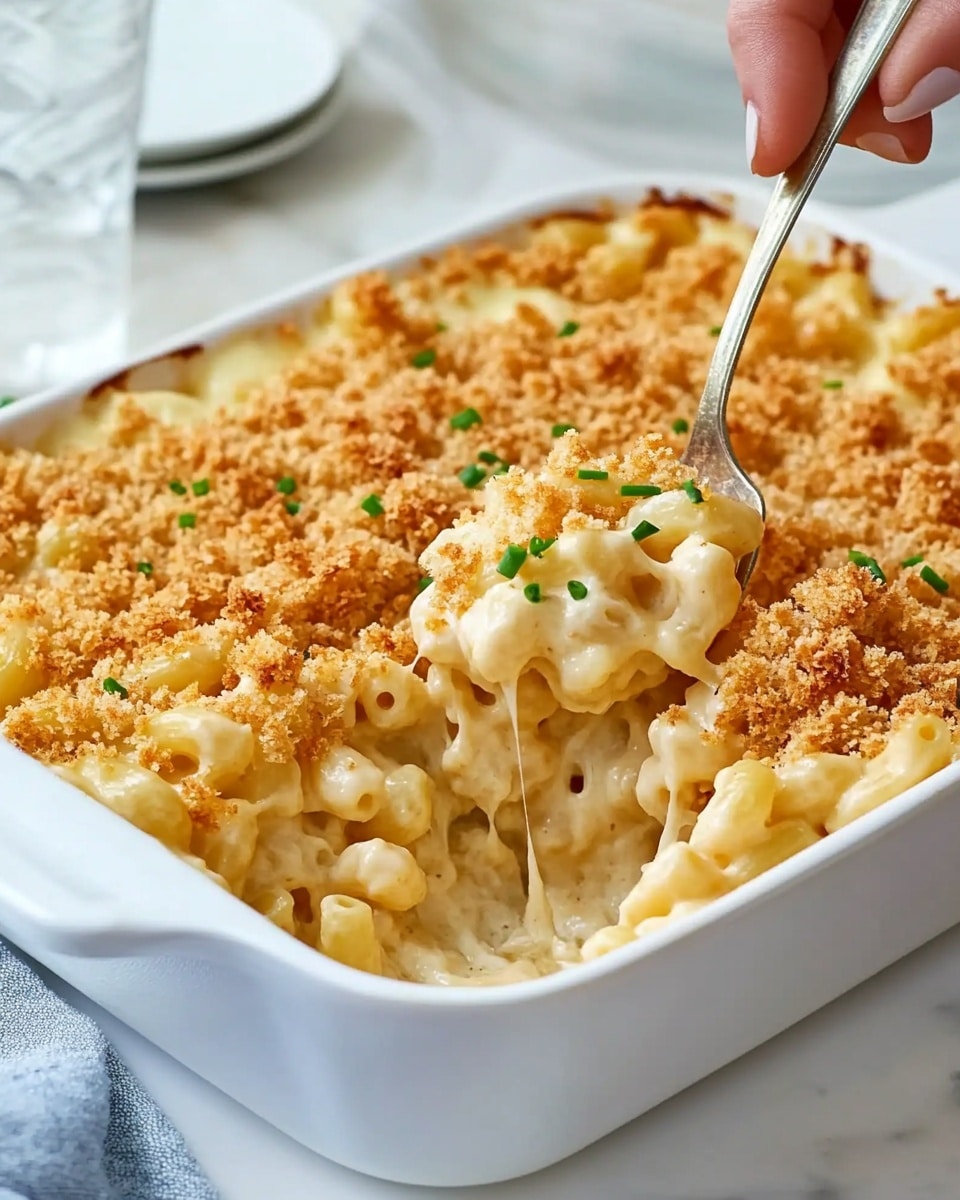 A white rectangular baking dish filled with a baked macaroni and cheese casserole. The bottom layer is creamy pasta with a smooth yellow cheese sauce, topped with a thick, even layer of golden-brown crispy breadcrumbs mixed with small bits of herbs. The surface looks crunchy with some darker toasted spots, and small green herb pieces are scattered on top. The dish is placed on a silver cooling rack, all set against a white marbled surface. photo taken with an iphone --ar 4:5 --v 6.1
