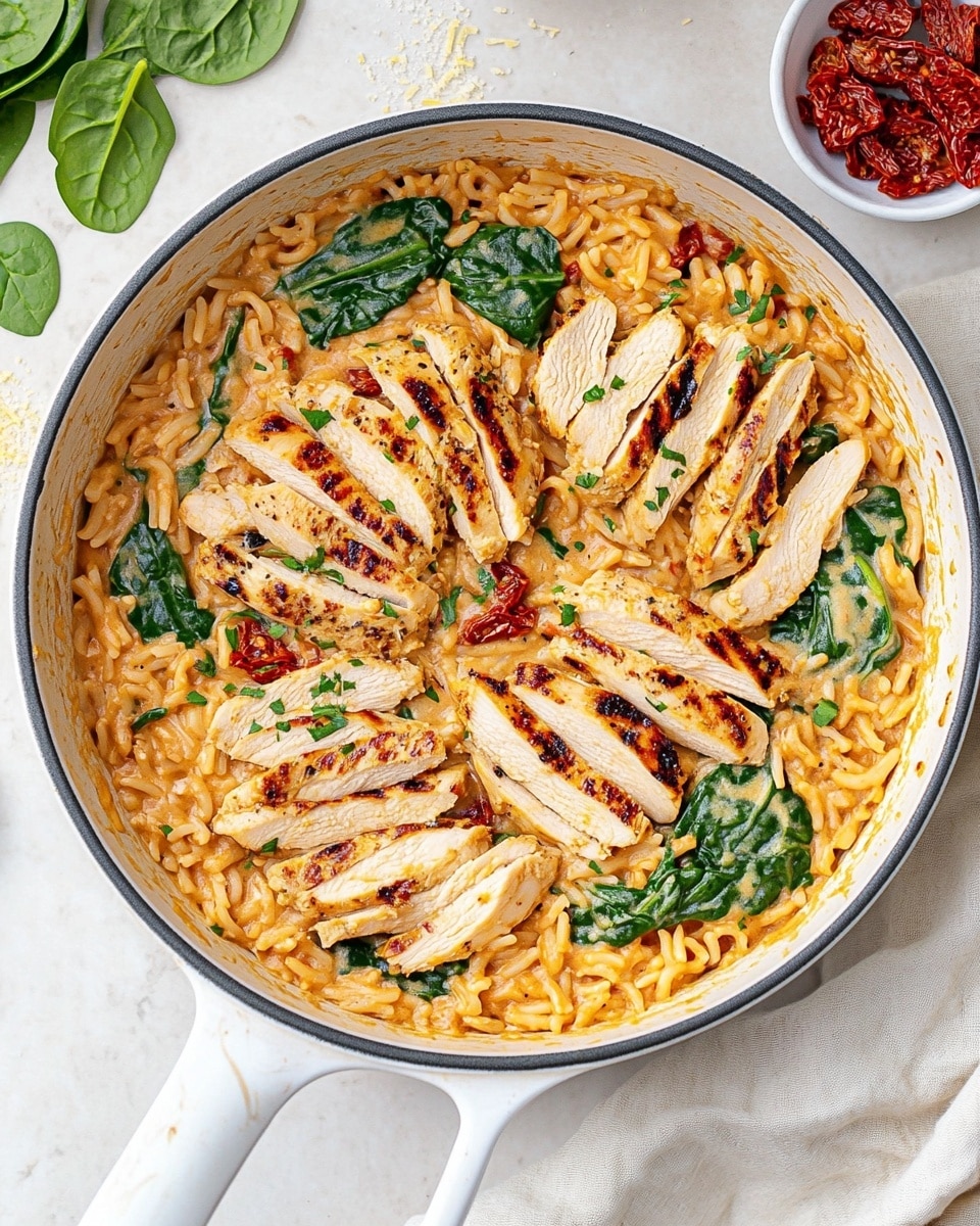 A large white cooking pan filled with a creamy orange pasta mixed with small rice-shaped pasta pieces, spinach leaves, and red sun-dried tomato pieces. On top, there are four sliced grilled chicken layers arranged evenly around the pan, each with a light brown grilled texture and sprinkled with fresh chopped green herbs. The pasta sauce looks thick and creamy, coating the ingredients nicely. The pan is placed on a white marbled surface with a beige cloth underneath, with a small white bowl of red marinated sun-dried tomatoes and some uncooked small rice-shaped pasta scattered nearby. Photo taken with an iphone --ar 4:5 --v 6.1