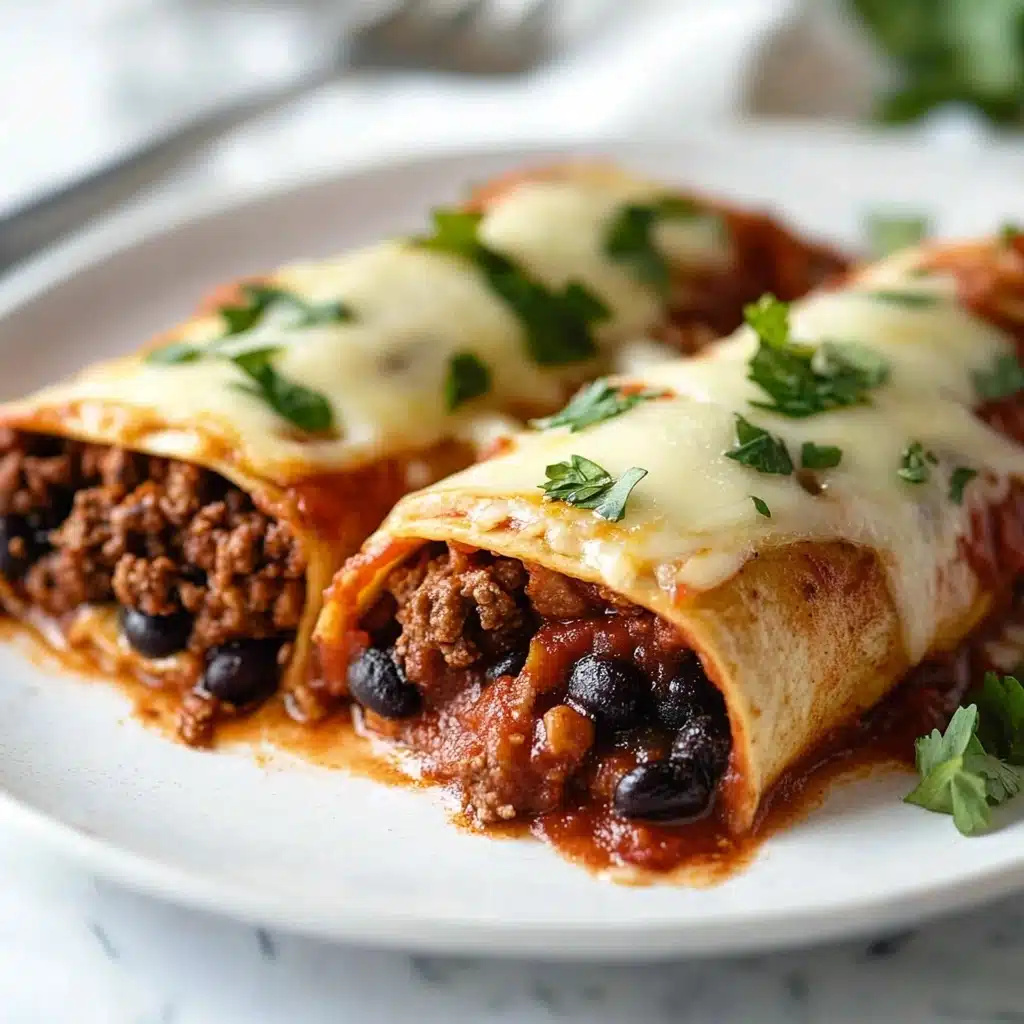 Beef Enchiladas, Beef Enchiladas Recipe, Homemade Beef Enchiladas, Easy Beef Enchiladas, Best Beef Enchiladas Two rolled tortillas filled with dark brown ground meat mixed with small black beans, placed side by side on a white plate over a white marbled surface. The tortillas are covered with a layer of red tomato sauce and melted white cheese on top, sprinkled with small green herb pieces. The edges of the tortilla show some sauce spilling slightly, and a silver fork is blurred in the background. The scene is brightly lit, showing the moist texture of the filling and the smooth melted cheese.