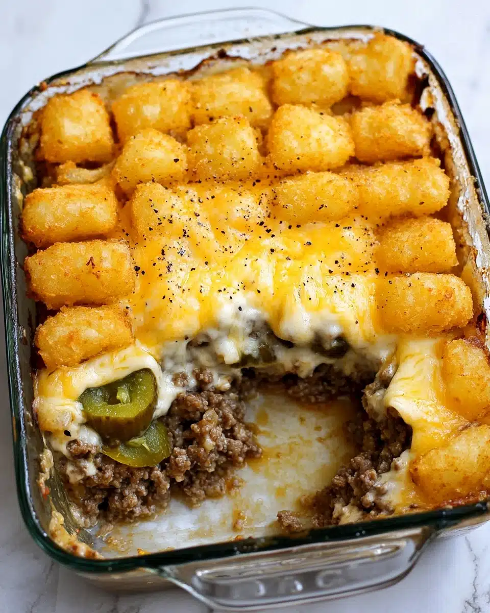 The BEST Tater Tot Casserole, Tater Tot Casserole, Easy Tater Tot Recipe, Cheesy Tater Tot Bake, Comfort Food Casserole A clear white baking dish shows a layered casserole with four layers visible. The bottom layer is cooked ground beef mixed with small pieces of white onion. Above this is a layer of green beans. Then a layer of shredded cheddar cheese in bright orange covers the green beans. The top layer is made of tightly packed, golden-brown tater tots with a crispy texture. The dish sits on a white marbled surface.