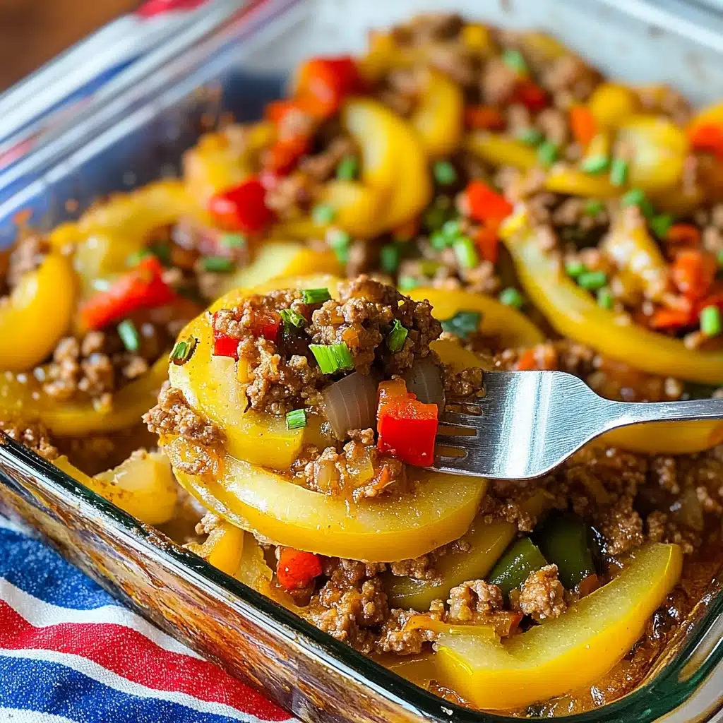 Southern Five Layer Beef Casserole, hearty beef casserole with potatoes, layered comfort food recipe, easy Southern beef bake, family-friendly beef casserole The image shows a glass baking dish filled with a cooked layered dish. The bottom layer has light yellow squash slices arranged in overlapping rings with a soft texture. Above this, a layer of browned ground meat mixed with small pieces of red bell peppers, green peppers, and onions fills the dish. The dish is garnished with small green chive pieces scattered on top. A silver fork lifts a portion from the dish, showing the layered squash, meat, and vegetables clearly. The background features a white marbled surface and a striped blue, red, and white cloth in soft focus.