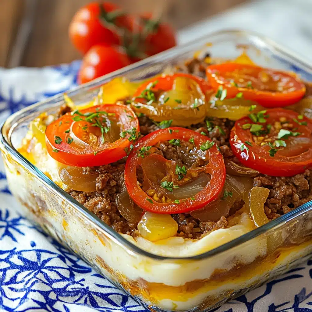 Southern Five Layer Beef Casserole, hearty beef casserole with potatoes, layered comfort food recipe, easy Southern beef bake, family-friendly beef casserole This is a close-up of a baked dish in a clear glass rectangular baking dish placed on a blue and white patterned cloth over a white marbled surface. The dish has three visible layers: the bottom layer is a creamy white and smooth, likely mashed or sliced potatoes; the middle layer is cooked ground meat with small pieces of sautéed light brown onions mixed in; the top layer is made of bright red tomato rings topped with pale green, sliced pickled peppers and garnished with small green herb leaves. The ingredients look moist and slightly shiny from cooking.