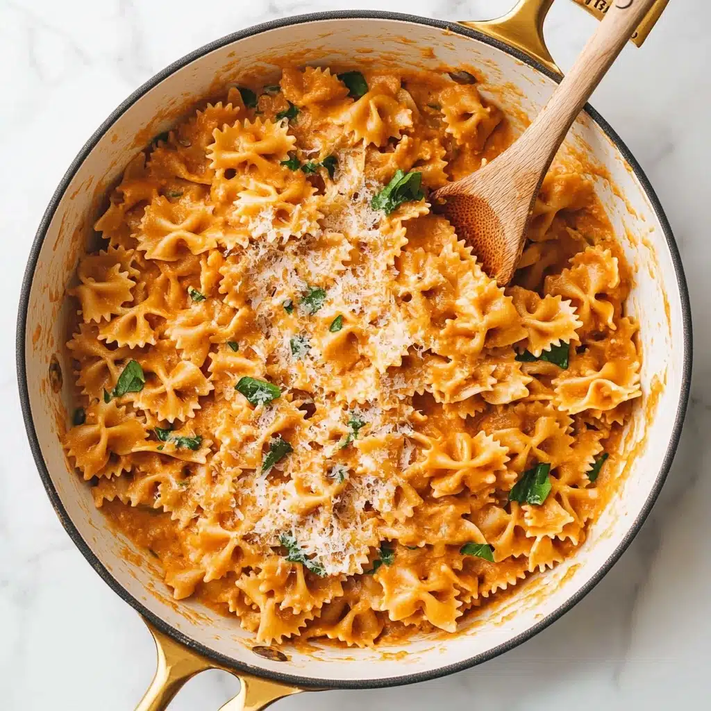 One-Pot French Onion Pasta, French Onion Pasta, Easy French Onion Pasta, Creamy Onion Pasta, Quick One-Pot Pasta A white pan with golden handles is filled with creamy orange-brown farfalle pasta mixed with small green herb leaves. The pasta is covered evenly in a smooth sauce, with light sprinkles of grated white cheese on top. A wooden spoon rests inside the pan on the right, slightly lifting some pasta. The pan sits on a white marbled surface.