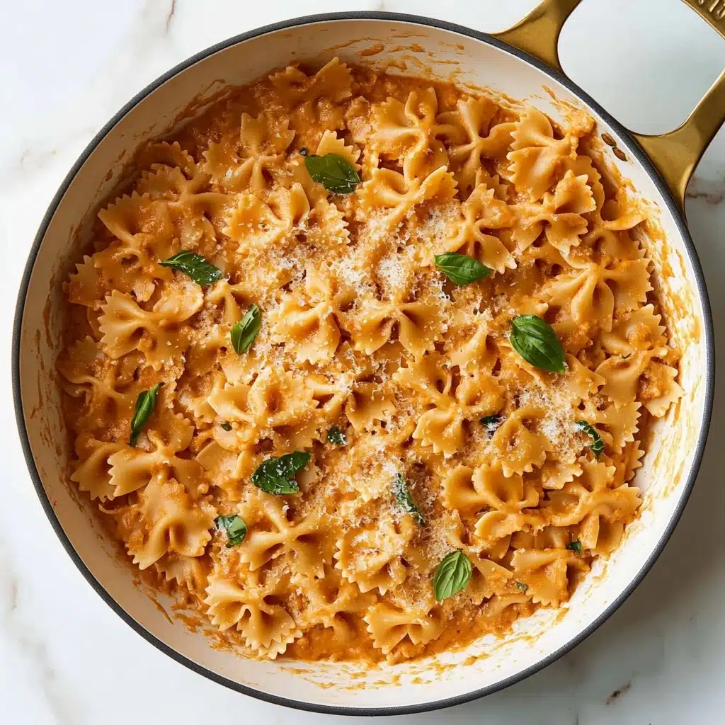 One-Pot French Onion Pasta, French Onion Pasta, Easy French Onion Pasta, Creamy Onion Pasta, Quick One-Pot Pasta A white pan with gold handles is filled with one thick layer of farfalle pasta coated in a creamy, orange-brown sauce. The sauce covers every piece of pasta evenly with small green herb leaves sprinkled on top and a light dusting of grated cheese scattered across the dish. The edges of the pan show some sauce stains, adding a rustic touch. The pan sits on a white marbled surface.