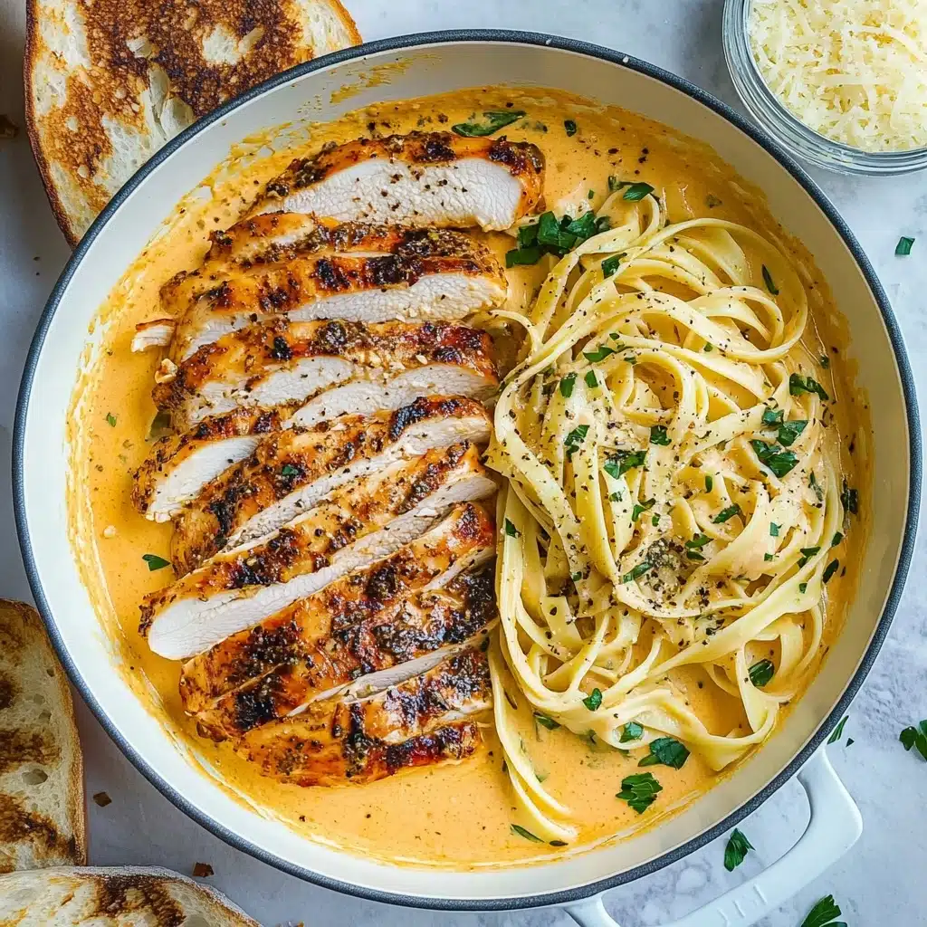 Creamy Cajun Chicken Pasta, Cajun Chicken Pasta, Creamy Pasta Recipes, Spicy Chicken Pasta, Easy Cajun Pasta The image shows a white pan filled with creamy orange sauce as the base layer. On top of the sauce, there are two neat nests of pale yellow fettuccine noodles on the right side, lightly sprinkled with black pepper and green herb bits. On the left side, there is a sliced, golden-brown grilled chicken with a well-cooked texture and some black char marks. The chicken and pasta are garnished with fresh green herbs, likely parsley or cilantro. A small clear glass bowl filled with grated white cheese sits in the top right corner on a white marbled surface, with some cheese scattered nearby. Two slices of light brown toasted bread rest at the bottom left edge of the frame. The scene is bright and inviting, showing the dish ready to serve.