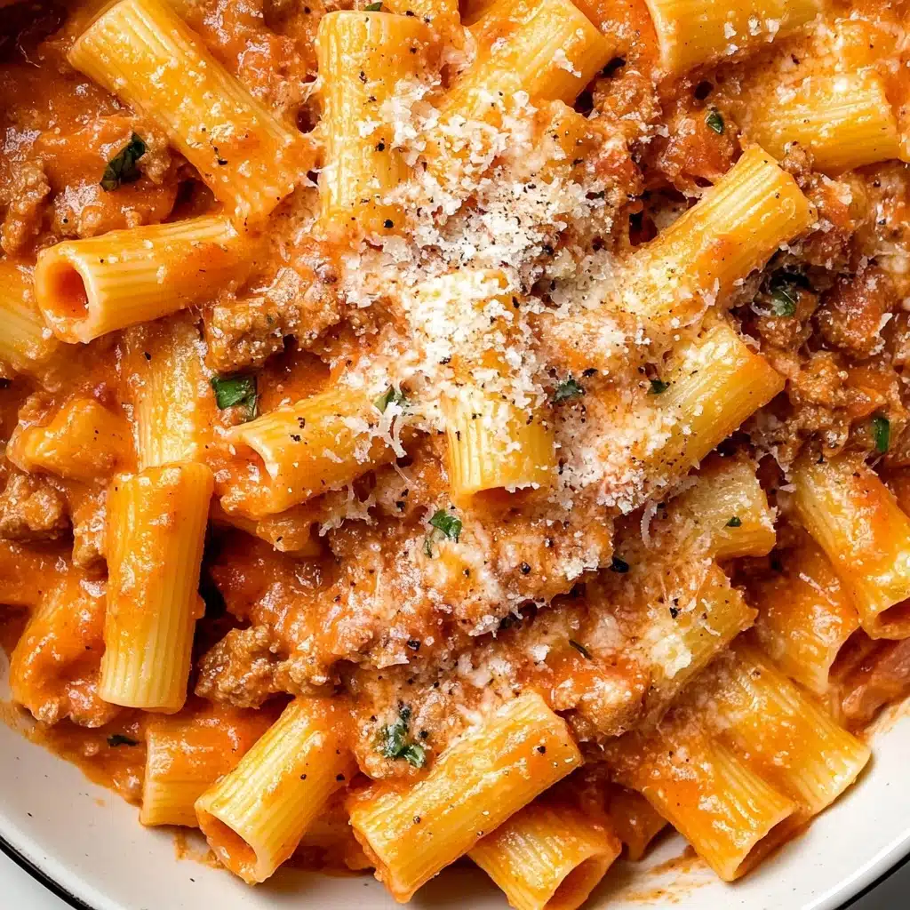 Easy Sausage Rigatoni, hearty sausage pasta, quick weeknight dinner, creamy tomato sauce pasta, flavorful Italian sausage dish The image shows a close-up of a white bowl filled with rigatoni pasta mixed with a creamy orange-red sauce. The dish has three main visible layers: short rigatoni pasta tubes with ridges and hollow centers, pieces of lightly browned ground meat, and bits of green herbs scattered throughout. The creamy sauce coats every piece, giving a smooth texture with small chunks of tomato. The top layer is sprinkled generously with finely grated white cheese that adds a fine, fluffy texture. The bowl sits on a white marbled surface.