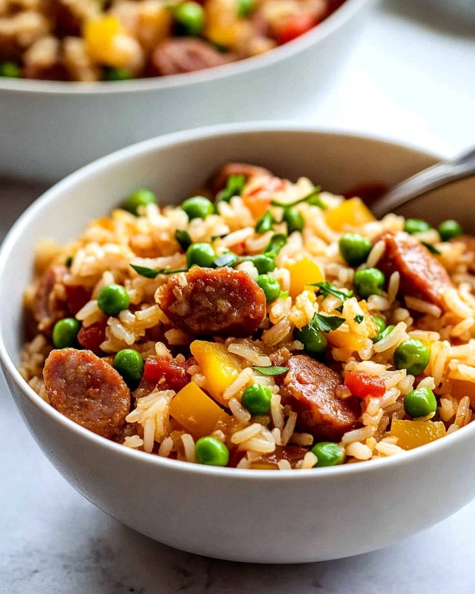 Smoked Sausage and Rice Dinner, one-pot sausage and rice, easy smoked sausage recipe, quick weeknight dinner, hearty sausage rice dish A close-up view of shiny, round slices of cooked pepperoni stacked on a large metal spoon, showing a rich reddish-brown color with a slightly oily texture. The spoon holds about ten slices in two neat layers, held over a white pot filled with more pepperoni slices that spread evenly inside. The background is softly blurred with warm dark tones, putting focus on the glistening pepperoni.
