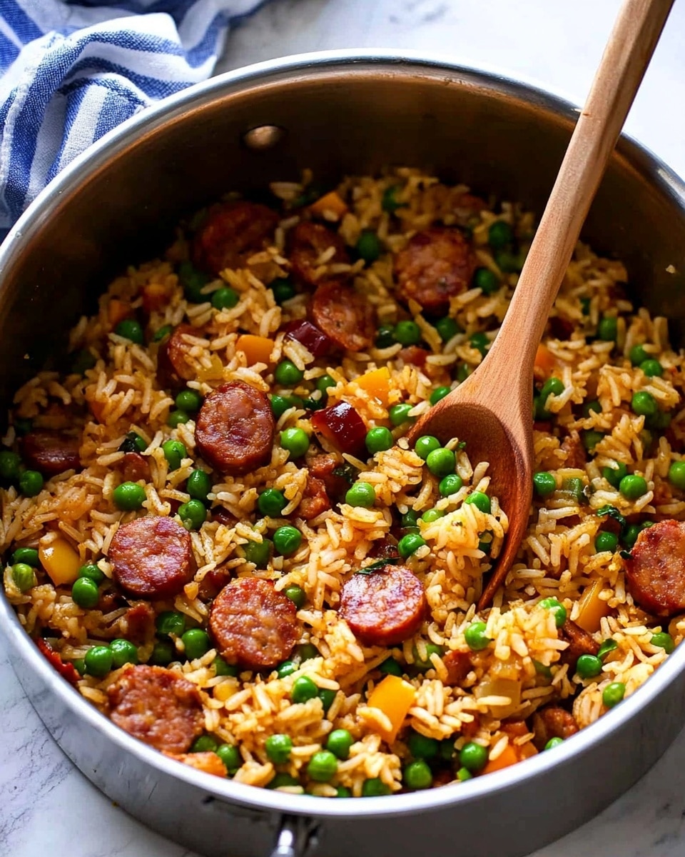 Smoked Sausage and Rice Dinner, one-pot sausage and rice, easy smoked sausage recipe, quick weeknight dinner, hearty sausage rice dish A close-up of a white bowl filled with cooked rice mixed with green peas, yellow and red bell pepper pieces, and chunks of browned sausage. The rice is fluffy and slightly golden, with the colorful vegetables and sausage pieces scattered evenly throughout. A silver spoon is placed inside the bowl on the left side. Another white bowl with the same food is blurred in the background, set on a white marbled surface with a soft green glass on the right side. The overall color tone is warm and appetizing.