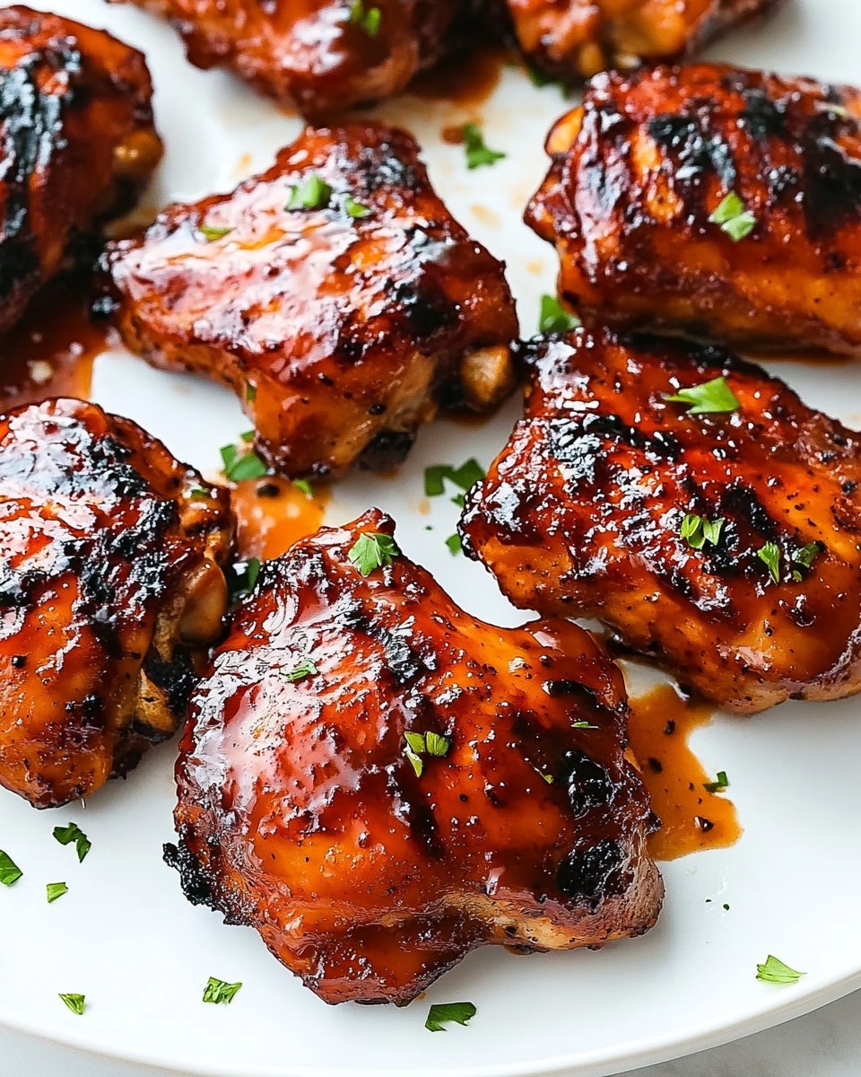 Caramelized BBQ Chicken Thighs, Oven BBQ Chicken, Juicy Oven Chicken Thighs, Easy BBQ Chicken Recipe, Sticky BBQ Chicken The image shows eight pieces of grilled meat coated with a thick, shiny reddish-brown sauce, lying on a layer of beige baking paper on a white baking tray. Each piece has a slightly irregular shape, with some edges darkened by char marks, creating a crispy black texture in spots. The sauce glistens under the light, pooling slightly in areas around the meat, blending with the charred bits, giving a rich and glossy look. The entire scene is set against a white marbled textured surface.