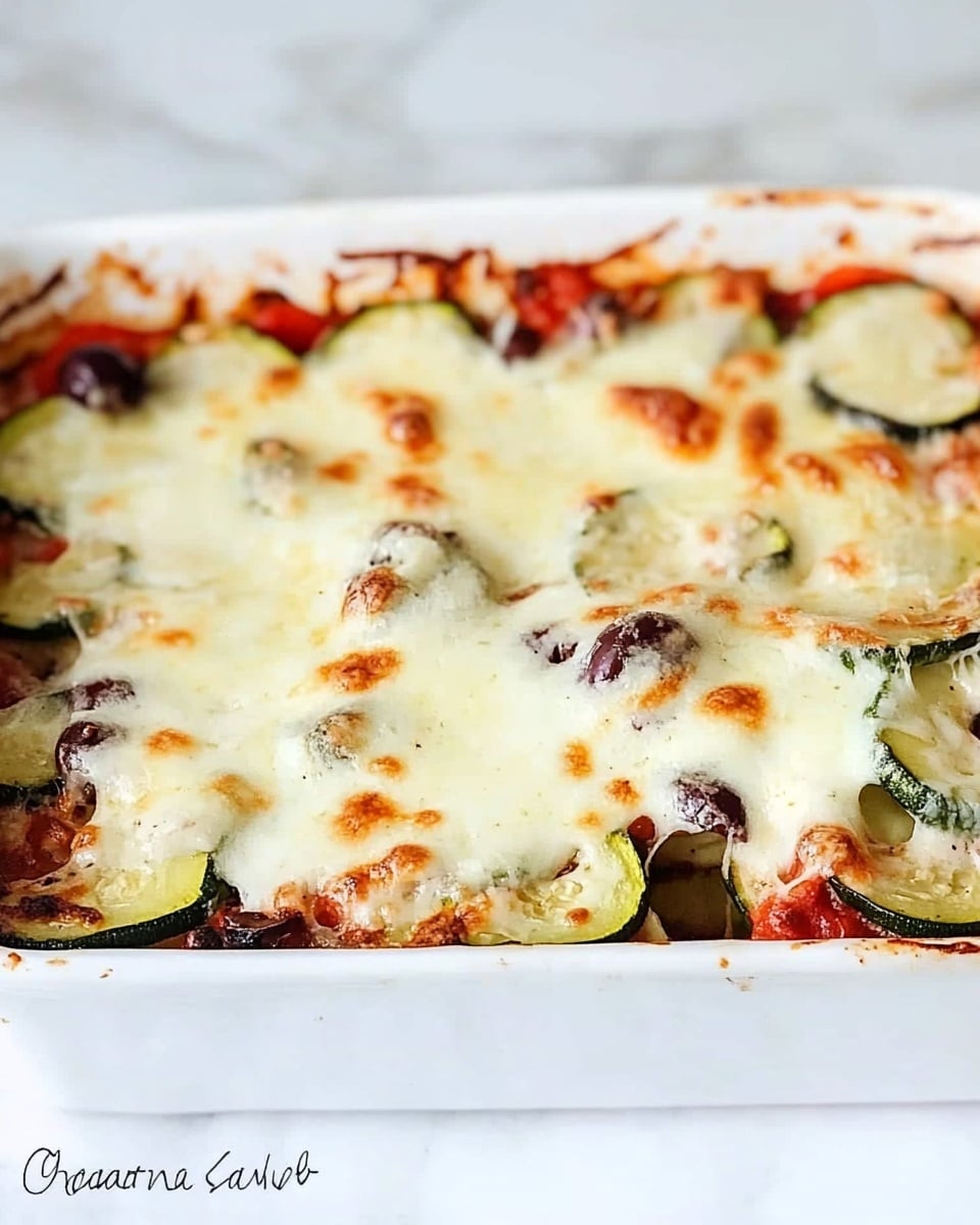 Baked Greek Chicken Casserole, Greek chicken bake, Mediterranean chicken casserole, easy Greek chicken dinner, healthy Greek chicken recipe A white square dish filled with a colorful baked vegetable casserole. The top layer is light golden melted cheese with slightly browned edges and some red sauce peeking through. Below, there are visible slices of green zucchini, red bell pepper strips, and pieces of yellow summer squash mixed with other cooked vegetables. The texture looks soft and slightly bubbly from the melted cheese. The dish sits on a white marbled surface.