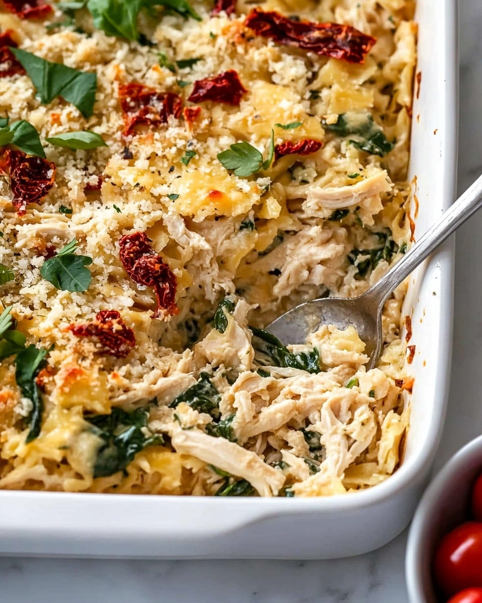 Greek Chicken Orzo Bake, Mediterranean chicken pasta dish, easy Greek chicken casserole, baked chicken and orzo recipe, flavorful Greek dinner ideas A white baking dish filled with a cooked casserole showing one main thick layer made of shredded light brown chicken mixed with wilted dark green spinach, small pieces of red roasted peppers, bits of purple onion, and yellow cheese. The top is sprinkled with small white crumbled cheese and some fresh green herbs. The casserole mixture looks moist with a slightly browned edge along the dish. The dish is set on a white marbled surface with a small bowl of fresh green parsley in the upper right and a white dish with red roasted peppers in the lower left. A striped gray and white cloth with a spoon and fork sits on the right side.