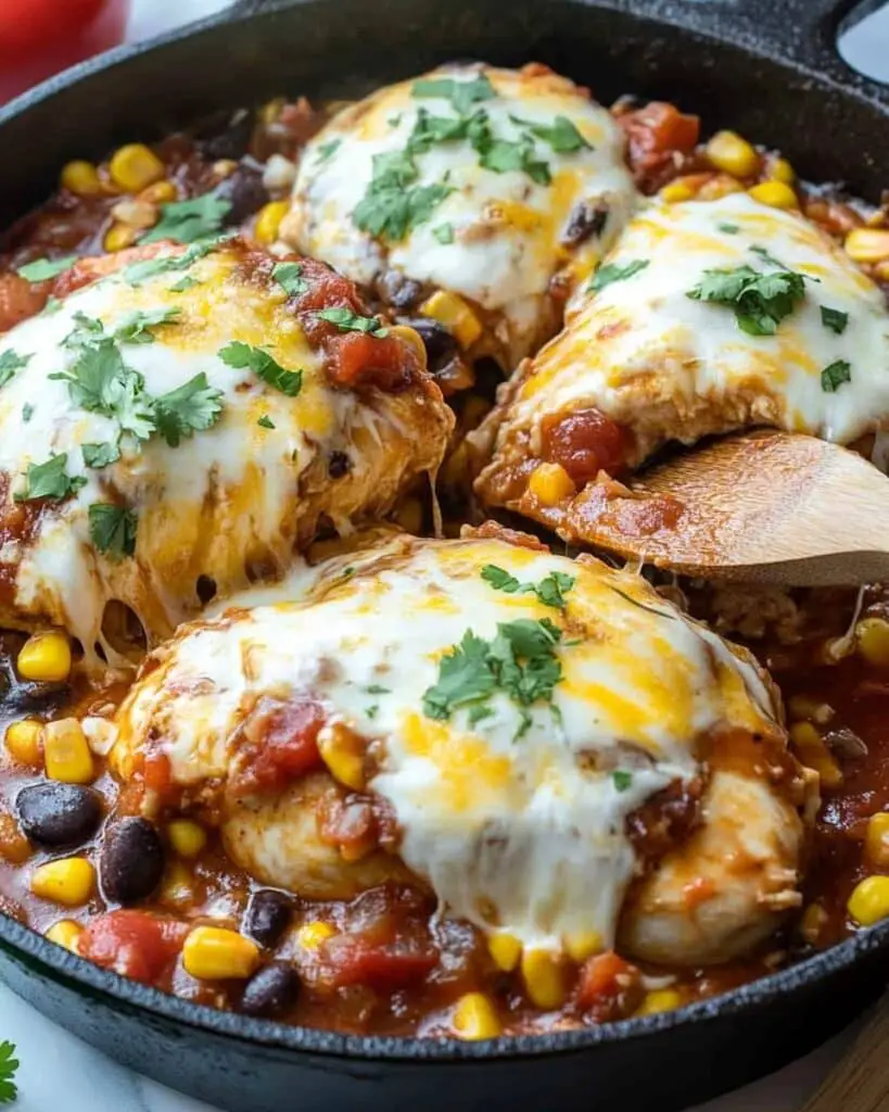 Santa Fe Chicken Skillet with Black Beans, Corn, and Melted Colby Jack Cheese Recipe