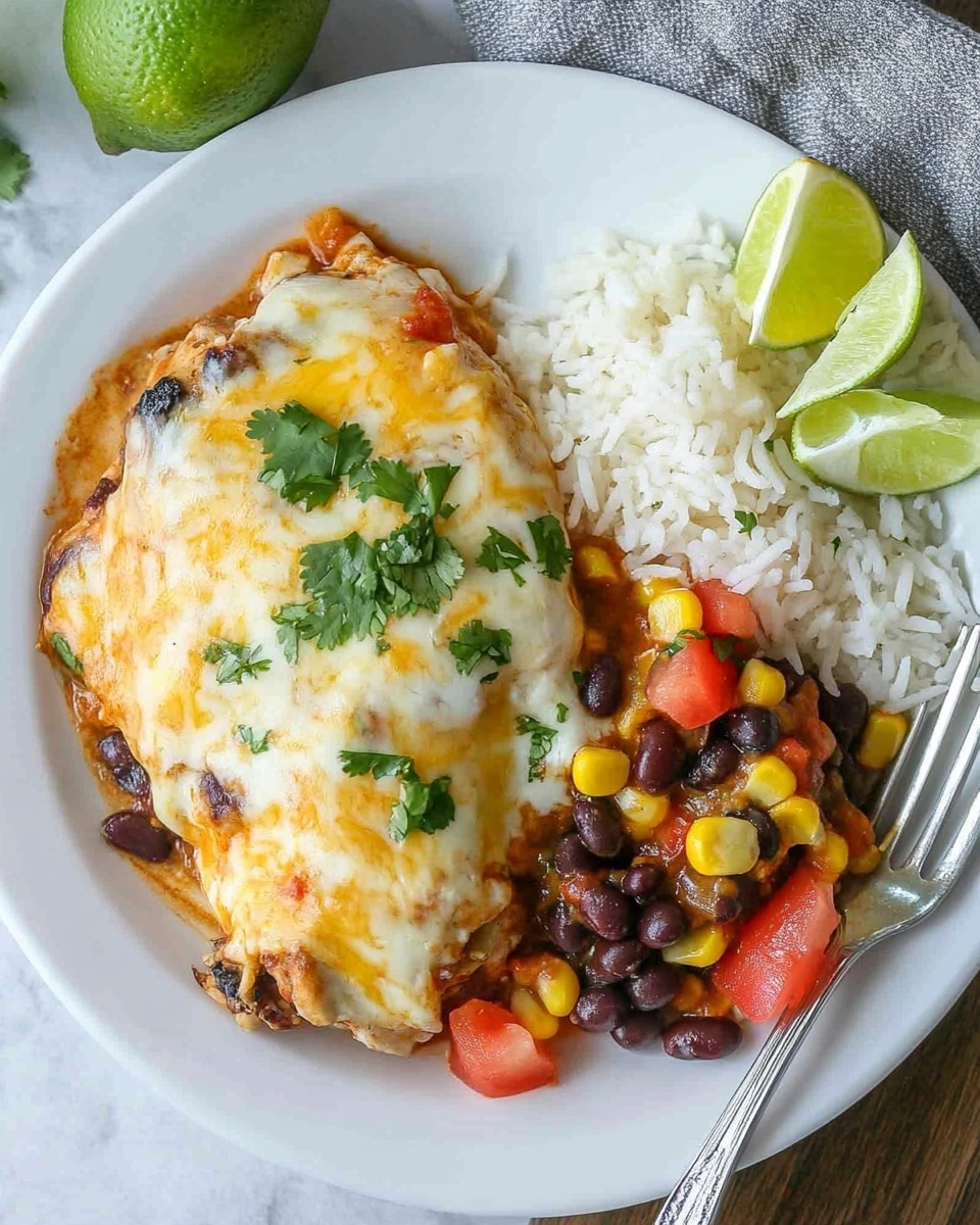 Santa Fe Chicken Skillet, Black Beans Corn and Colby Jack Cheese, spicy chicken skillet recipe, easy Mexican skillet dinner, smoky chicken skillet The image shows a white plate with two main parts: on the left side is a layered dish with a base layer of cooked vegetables including black beans, corn, and diced tomatoes mixed with some sauce, topped with a piece of grilled chicken covered in melted white and yellow cheese with bits of green herbs scattered on top. On the right side, there is a portion of fluffy white rice garnished with three lime wedges arranged in a neat row. A fork rests on the plate's lower left edge, partly under the chicken, while a knife is placed at the lower right side next to the rice. The plate is set on a white marbled surface with a red and white checkered cloth partially visible near the bottom left.
