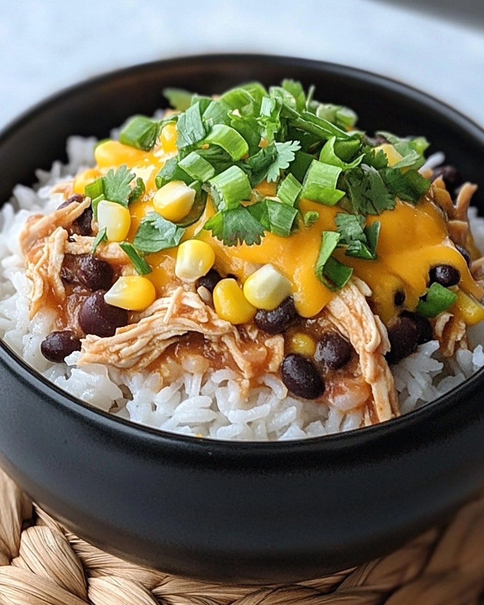 Crock Pot Santa Fe Chicken, slow cooker Santa Fe chicken, easy Santa Fe chicken recipe, flavorful chicken casserole, healthy slow cooker dinner A bowl shows food in four clear layers. The bottom layer is soft white rice, with fluffy and separate grains. On top of the rice is a thick layer of shredded cooked chicken mixed with black beans and pieces of yellow corn, all covered lightly with melted yellow cheese. The third layer adds green chopped onions spread across, and some fresh cilantro leaves add a bright green touch on top. The bowl is white, sitting on a brown woven mat, all placed on a white marbled surface.