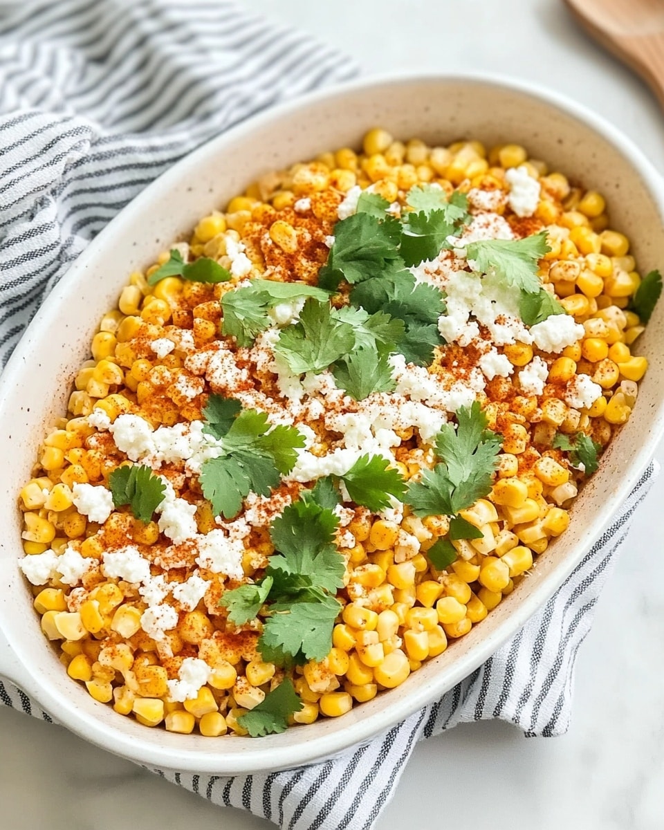 Mexican Street Corn Elote, Mexican Street Corn, Elote Recipe, How to Make Mexican Street Corn, Easy Mexican Corn Dish This image shows a white oval bowl filled with cooked yellow corn kernels mixed with seasoning, forming the base layer. On top, there is a sprinkling of white crumbled cheese that looks soft and slightly chunky, unevenly spread across the top. Bright green chopped cilantro leaves are scattered over the cheese, adding fresh color. A light dusting of reddish-brown spice powder is centered over the cheese and cilantro. The bowl is placed on a white marbled surface next to a striped white and gray cloth and a wooden spoon on the right side.