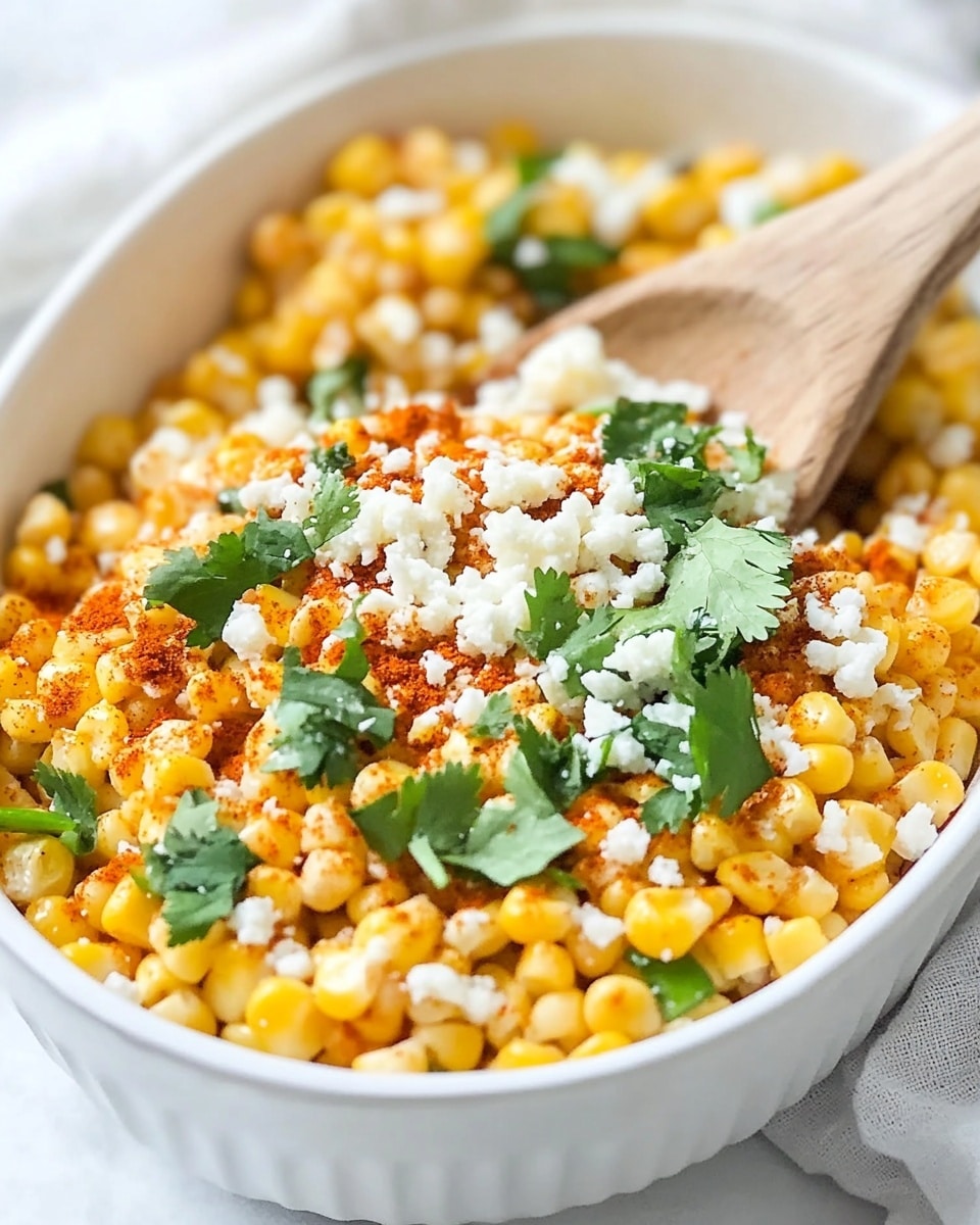 Mexican Street Corn Elote, Mexican Street Corn, Elote Recipe, How to Make Mexican Street Corn, Easy Mexican Corn Dish The dish is shown in a white oval bowl placed on a white marbled surface. It has one main layer of bright yellow corn kernels mixed with red spices giving it a warm orange tint. On top, there is a generous sprinkle of white crumbly cheese and fresh green cilantro leaves adding a fresh contrast. A wooden spoon is partially scooping the corn from the right side of the bowl. The overall texture looks soft with specks of seasoning clearly visible.