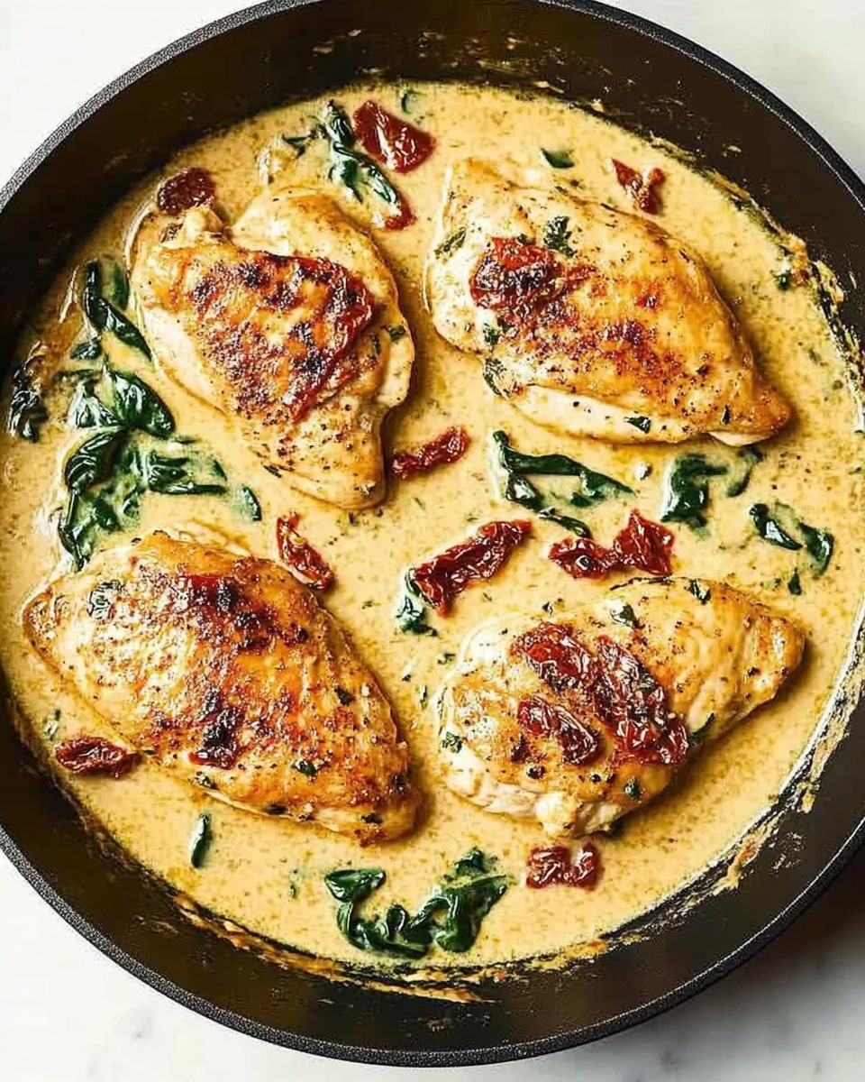 One-Pan Tuscan Chicken, Tuscan Chicken skillet, easy chicken dinner, creamy Tuscan chicken, healthy weeknight dinner The image shows four pieces of golden brown cooked chicken lying in a creamy, light yellow sauce. The sauce is thick and smooth, with visible green spinach leaves and small pieces of reddish sun-dried tomatoes scattered throughout. The chicken has a slightly crispy texture on top with some black pepper sprinkled on it. The dish is set against a white marbled background, making the warm colors of the chicken and sauce stand out.