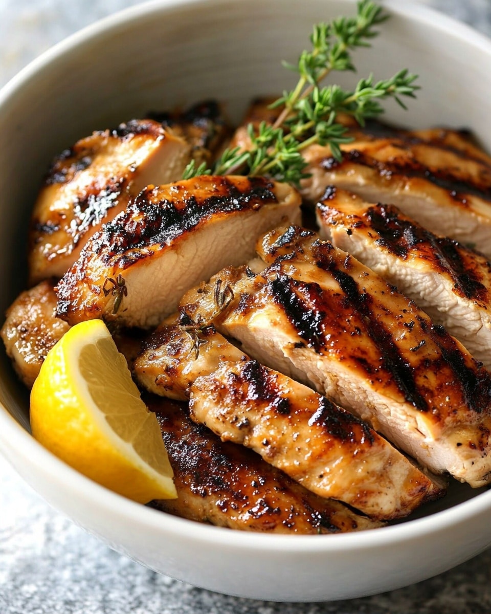 Best Grilled Chicken, juicy grilled chicken, flavorful grilled chicken recipe, easy grilled chicken marinade, summer grilling recipes A white bowl holds two layers of grilled chicken slices. The top layer has thick, juicy pieces with a golden brown, slightly charred surface, showing clear grill marks and a sprig of fresh green thyme on top. The bottom layer reveals more grilled chicken slices with a similar golden brown color and dark char spots. On the left side of the bowl, two bright yellow lemon wedges add a fresh contrast. The bowl is placed on a white marbled surface.