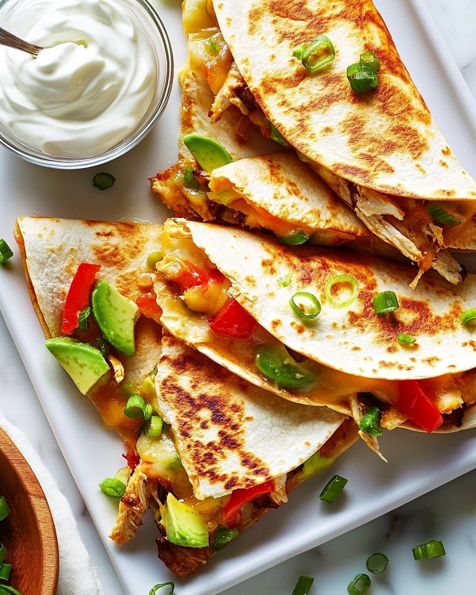 Chicken and Cheese Quesadillas with Peppers, Onions, and Avocado, easy chicken quesadilla recipe, cheesy quesadillas with peppers and onions, healthy chicken quesadillas, quick dinner ideas The image shows five golden-brown quesadilla slices arranged on a white rectangular plate over a white marbled surface. Each quesadilla slice is folded in half with a crispy outer layer and filled with visible layers of melted yellow cheese, red bell pepper slices, green avocado chunks, grilled chicken pieces, and some green onion bits. The quesadilla edges have slight charring, giving a crunchy texture. To the top left of the plate, there is a glass bowl filled with white sour cream, and a metal spoon rests in it. Some green onion slices are scattered around the plate and on a wooden round dish to the side. The lighting is bright, highlighting the textures and fresh colors of the quesadillas.