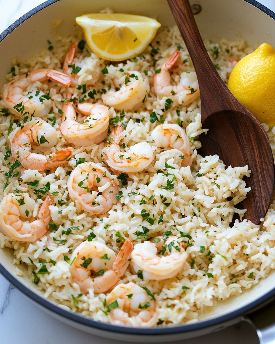 Lemon Garlic Shrimp and Parmesan Rice One Pot, quick seafood dinner, easy shrimp and rice recipe, healthy one-pot shrimp meal, flavorful shrimp and rice dish A round wooden bowl holds a dish with three main layers. On the left side, there is a cluster of bright green cooked asparagus spears, smooth and glossy. The largest section in the middle is filled with white rice mixed with chopped green herbs, topped with several pink-orange shrimp arranged evenly on the rice. Two yellow lemon wedges are placed near the shrimp, adding a pop of color. A silver fork rests on the left edge of the bowl touching the asparagus. The bowl sits on a dark green cloth over a white marbled surface.