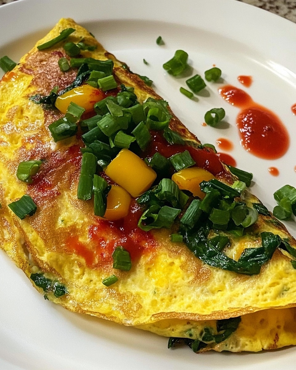 Veggie Omelet, healthy veggie breakfast, quick breakfast ideas, nutritious breakfast recipes, colorful veggie omelet A folded yellow omelet sits on a white plate, filled with visible green leafy vegetables and small pieces of red and yellow bell peppers peeking out from the edges. The surface is topped generously with chopped green onions and small patches of red sauce spread unevenly across the top. The background is a white marbled texture.