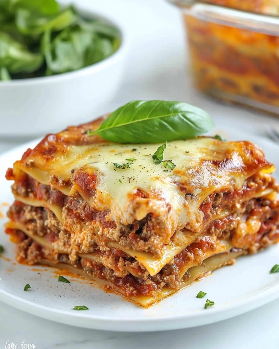 Just Like the Real Thing Keto Lasagna, keto lasagna recipe, low-carb lasagna, keto Italian dinner, keto comfort food A square piece of lasagna rests on a white plate with a white marbled surface beneath. This lasagna has multiple layers: the bottom and middle layers are filled with a rich, chunky brown meat sauce mixed with melted cheese, while two layers of smooth, pale yellow pasta sheets divide the meat and cheese layers. The top layer is covered with a bubbly, golden-brown melted cheese dotted with herbs and tomato sauce. A fresh green basil leaf garnishes the top. In the background, there is a white bowl with green salad on the left and a glass container holding more lasagna to the right, both set on the white marbled surface.