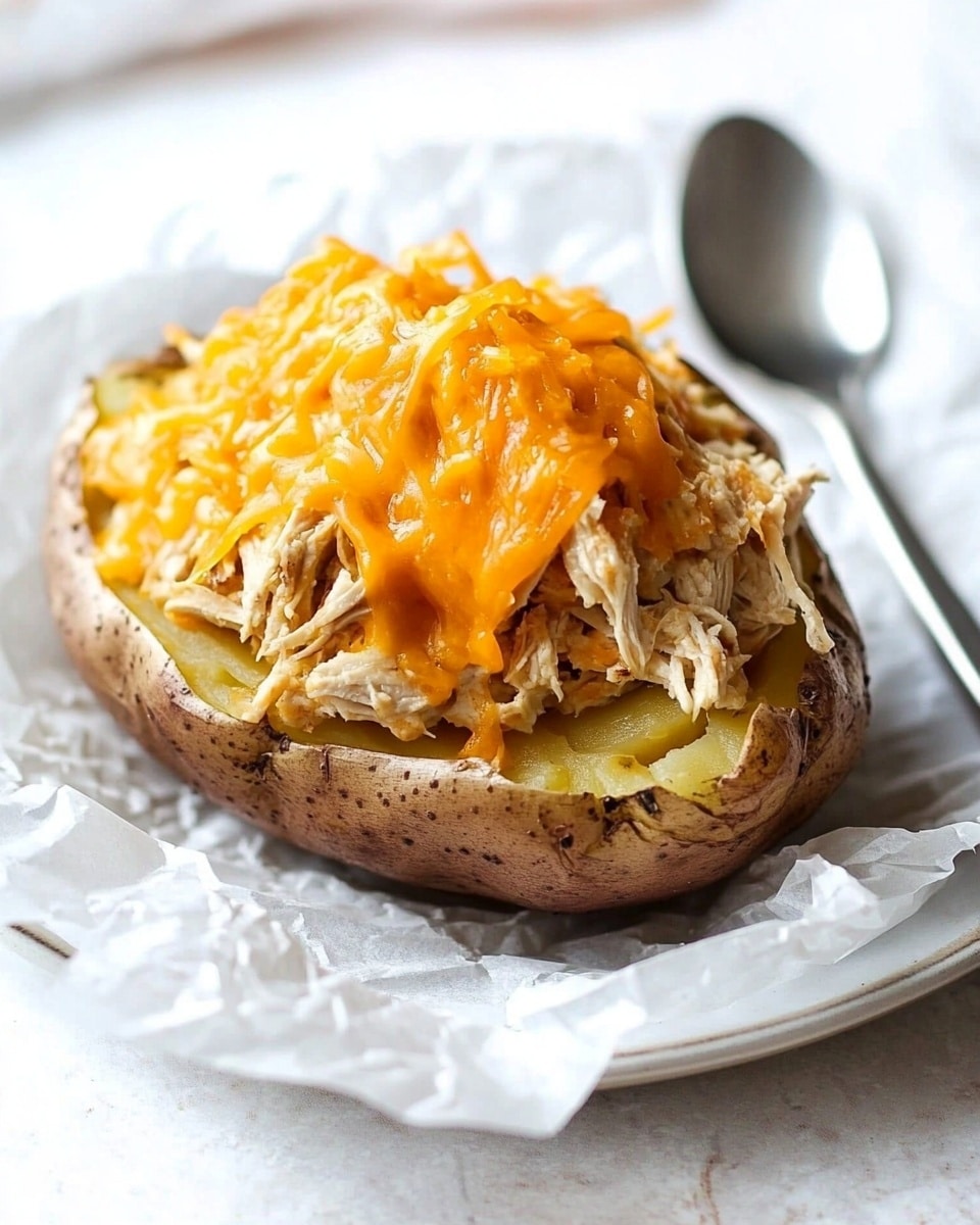 Cheesy Spicy Ranch Stuffed Baked Potatoes, stuffed baked potato recipe, spicy ranch chicken baked potatoes, cheesy loaded baked potatoes, easy comfort food recipes A baked potato with a brown, rough skin sits inside a red basket lined with white paper. It is topped with a thick layer of creamy tuna salad, pale beige in color with some small chunks visible, and a generous amount of bright orange melted cheddar cheese draped over it. A drizzle of reddish-orange hot sauce runs down the side of the potato. The basket rests on a white marbled surface with a soft, blurred white cloth in the background.