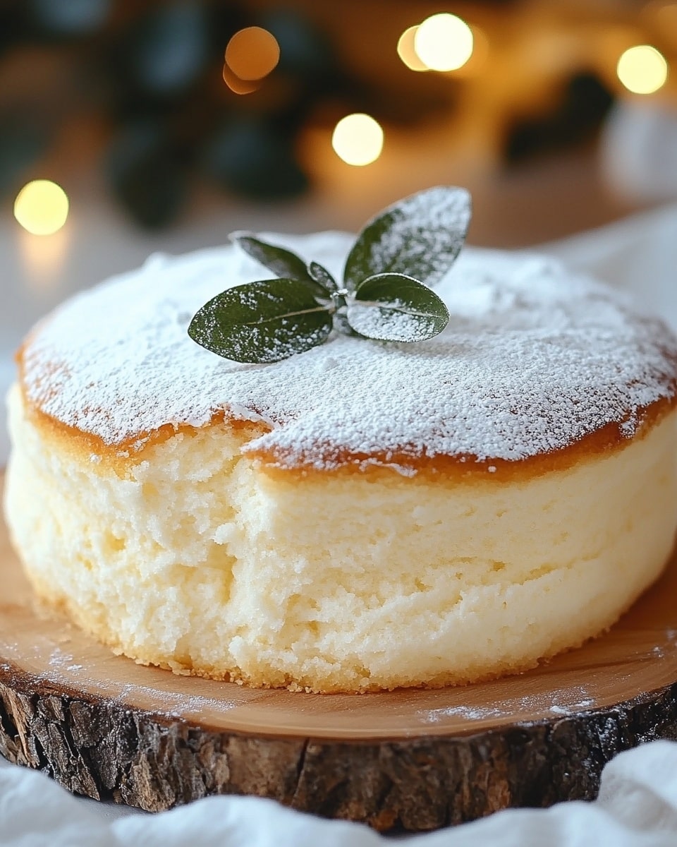 Light & Fluffy Yogurt Cloud Cake, airy yogurt cake recipe, moist yogurt cake, simple dessert ideas, fluffy cake with yogurt The image shows a fluffy, round cake with two main layers: a light golden-brown top layer that looks soft and slightly browned, and a thick, white creamy layer underneath that has a smooth and airy texture. The top layer is dusted with white powdered sugar, giving it a delicate snowy appearance, and there is a small sprig of green leaves for decoration in the center. The cake rests on a wooden board with a natural bark edge. The background has a soft bokeh effect with warm light spots, and the surface beneath the board is a white marbled texture.
