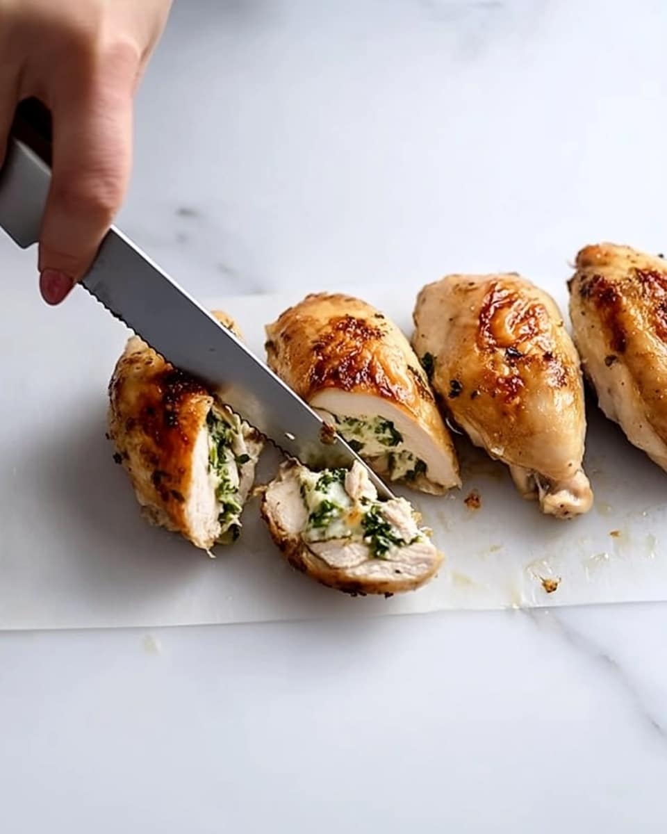 Stuffed Chicken Breast with Spinach and Cheese, stuffed chicken breast recipe, spinach and cheese chicken, easy stuffed chicken, gourmet chicken dinner The image shows three stuffed chicken pieces placed on a white marbled surface. The stuffed chicken pieces are golden brown on the outside with visible green and white filling inside. The middle chicken piece is being sliced into neat, thick pieces by a knife held in a woman's right hand, while the woman's left hand steadies the chicken. The filling appears creamy with bits of green herbs or vegetables. The lighting is bright, making the textures and colors clear and natural.