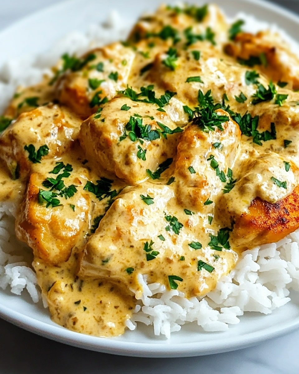 Creamy Smothered Chicken and Rice, flavorful chicken and rice skillet, comforting creamy chicken recipe, easy creamy chicken dinner, quick weekday chicken meal The image shows a white plate with a base layer of white rice that looks soft and fluffy. On top of the rice, there is a layer of golden brown chicken pieces covered in a creamy, light yellow sauce with specks of green herbs mixed in. The chicken pieces have a lightly browned and slightly crispy texture. Fresh chopped green herbs are sprinkled on top of the chicken and sauce, adding a fresh pop of color. The background features a white marbled surface.