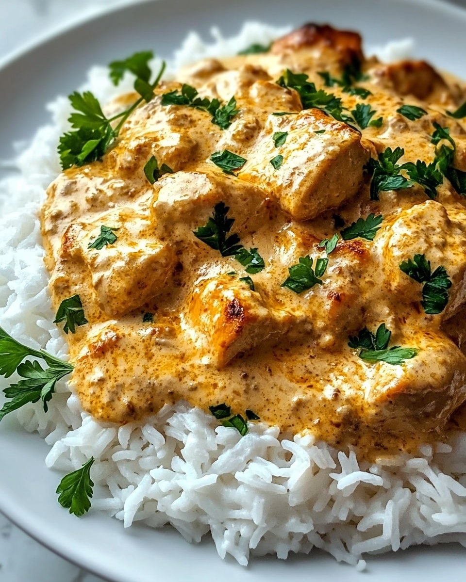 Creamy Smothered Chicken and Rice, flavorful chicken and rice skillet, comforting creamy chicken recipe, easy creamy chicken dinner, quick weekday chicken meal A white plate holds a bed of white fluffy rice as the bottom layer, topped with a thick creamy sauce with a golden-brown surface. The sauce covers tender pieces of baked chicken with a slightly crispy, browned texture. Bright green parsley leaves are scattered on top, adding a fresh color contrast. The background shows a white marbled texture.