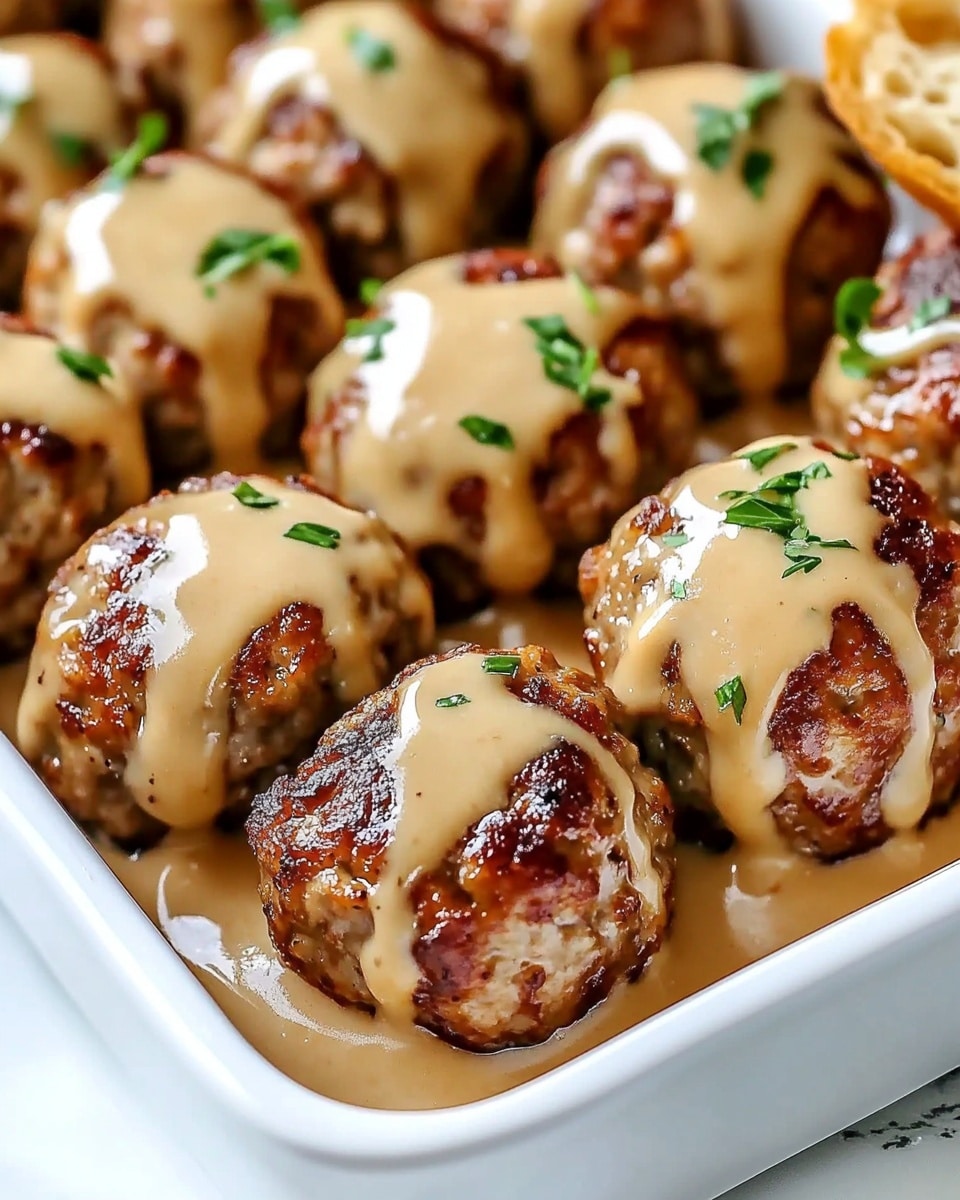 Rotel Cream Cheese Sausage Balls, cheesy sausage bites, easy party appetizers, flavorful sausage snacks, crowd-pleasing sausage balls The image shows a white rectangular dish filled with multiple browned meatballs, each topped with a smooth, light tan sauce that drips slightly down the sides. The meatballs have a slightly crispy texture with some darker seared spots. Small pieces of fresh green herbs are sprinkled on top of the sauce, adding a fresh color contrast. The dish sits on a white marbled surface, and part of a slice of bread is visible to the right.