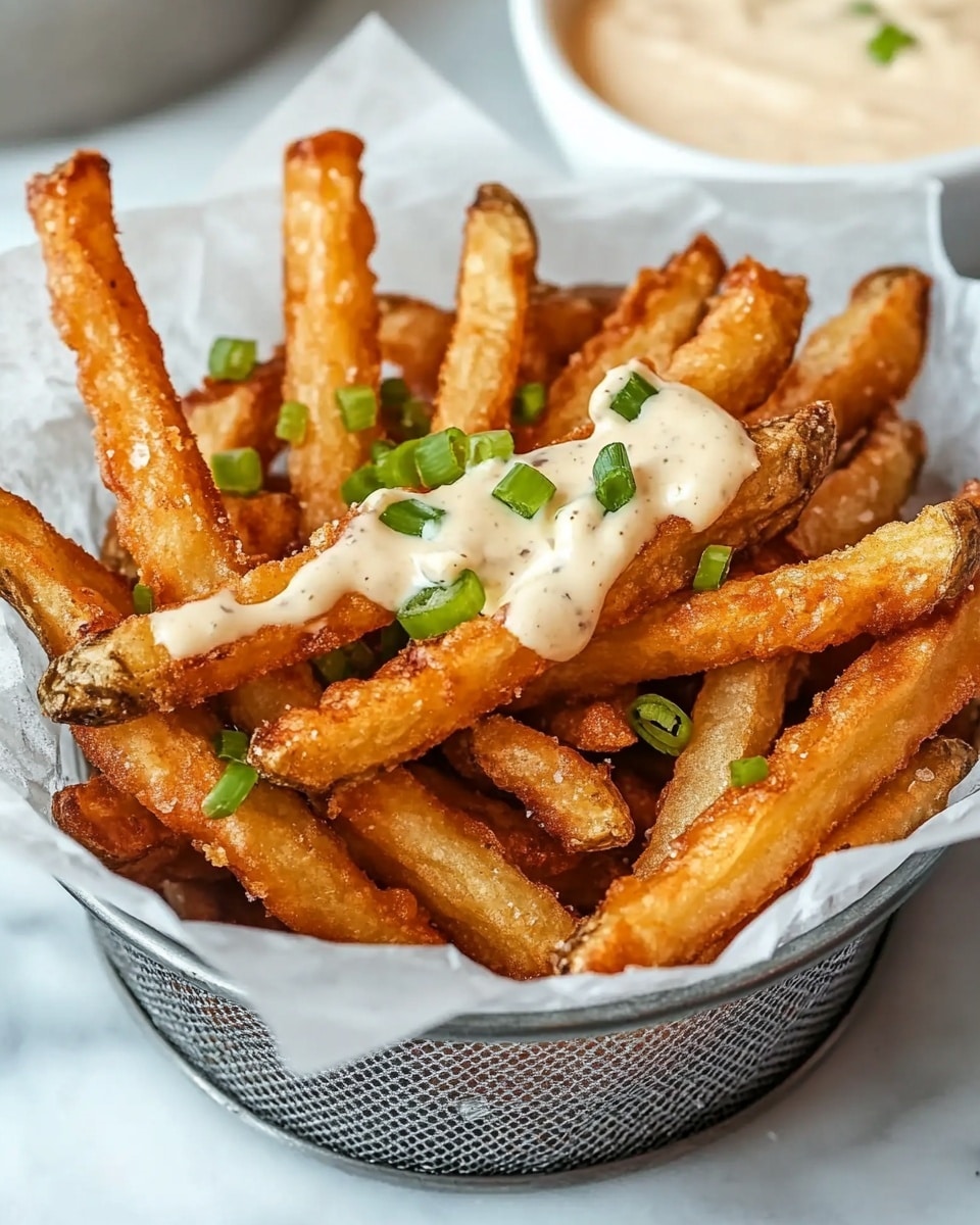 Louisiana Voodoo Fries, Cajun Fries with Spicy Ranch, Cajun Spiced Fries Recipe, Easy Cajun Side Dish, Crunchy Cajun Fries A metal basket lined with white parchment paper holds a pile of golden brown crispy fries. The fries have a crunchy texture with uneven surfaces, showing ridges and crisp edges. On top of the fries, there is a creamy white sauce drizzled in an irregular pattern, sprinkled with small green onion pieces. The basket is placed on a white marbled surface. In the background, there is a white bowl with a similar creamy sauce, slightly blurred to keep focus on the fries