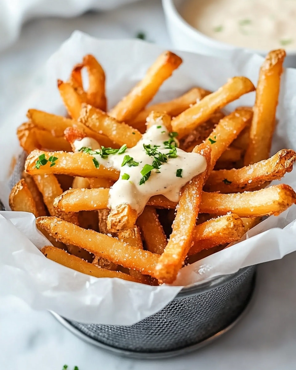 Louisiana Voodoo Fries, Cajun Fries with Spicy Ranch, Cajun Spiced Fries Recipe, Easy Cajun Side Dish, Crunchy Cajun Fries This image shows a small metal basket lined with white parchment paper filled with crispy golden fries that have a crunchy texture. The fries are topped with a drizzle of creamy white sauce and sprinkled with small pieces of fresh green herbs. The basket sits on a white marbled surface, and in the background, there is a white bowl with a similar white sauce inside, garnished with more green herbs. The whole setting looks bright and appetizing, with the focus clearly on the fries and their toppings.