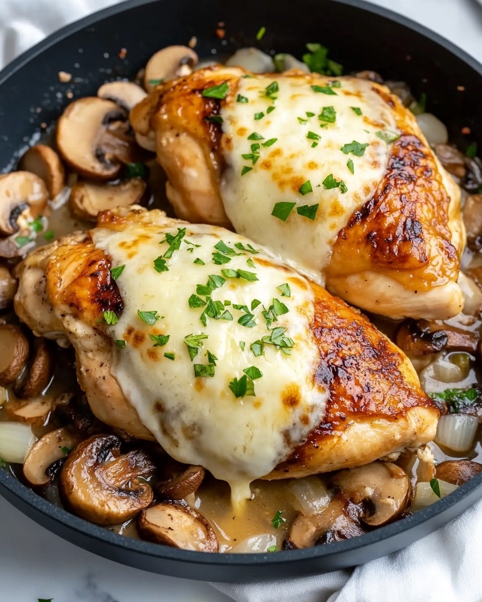 Mushroom Stuffed Chicken Breast, Chicken Breast with Mushrooms, Easy Stuffed Chicken Dinner, Quick Chicken Breast Recipe, Juicy Chicken Stuffed with Mushrooms The image shows a black pan on a white marbled surface containing two pieces of cooked chicken. Each piece has three visible layers: the top layer is golden brown and crispy chicken skin with a few green herb sprinkles, the middle layer is melted white cheese oozing over the edges, and the bottom layer is a bed of sautéed mushrooms that are dark brown and soft. The chicken pieces are placed close to each other, and some green herbs are also scattered on the mushrooms and around the pan.