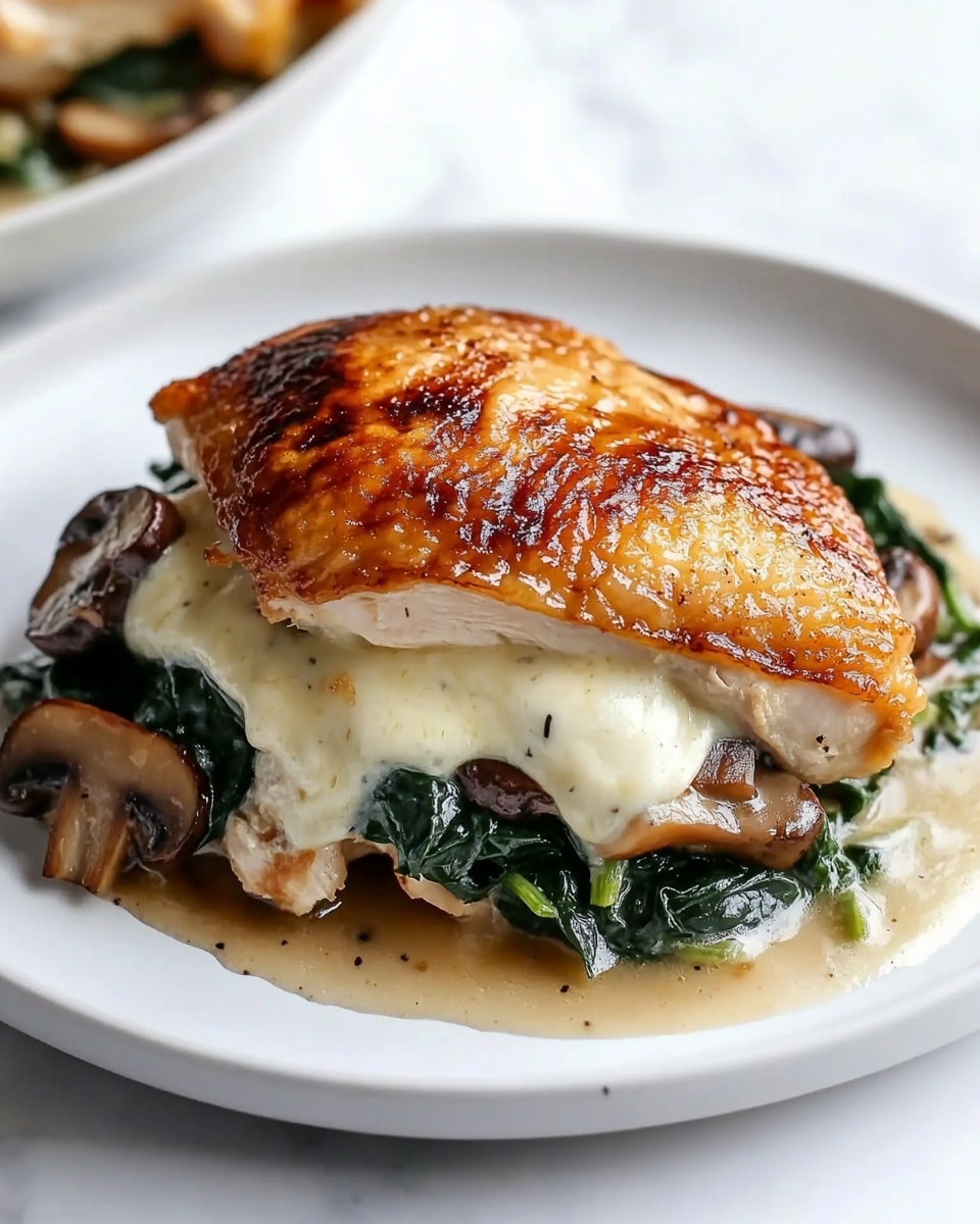 Mushroom Stuffed Chicken Breast, Chicken Breast with Mushrooms, Easy Stuffed Chicken Dinner, Quick Chicken Breast Recipe, Juicy Chicken Stuffed with Mushrooms Two golden-brown chicken pieces with crispy skin sit in a black pan filled with cooked mushrooms and herbs. Each piece is topped with melted white cheese that oozes slightly, mixing with the mushrooms beneath. The chicken rests on a bed of soft, light brown onions and green parsley bits that add a fresh touch. The pan is placed on a white marbled surface, and a white cloth is partially visible underneath. The whole scene looks warm and inviting, with a close-up view that shows the juicy texture of the chicken and the rich melted cheese.
