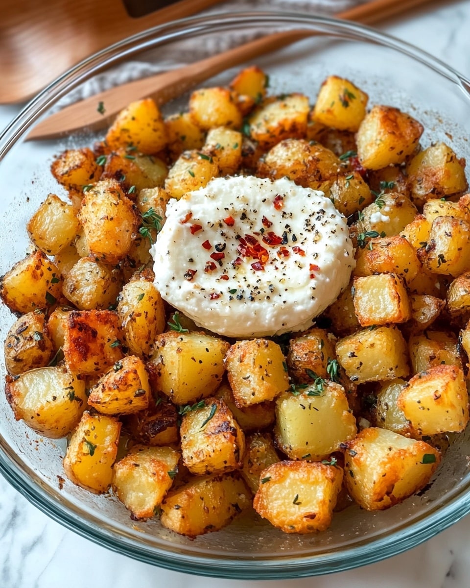 This image shows a round clear glass dish filled with golden brown roasted potato chunks, arranged around the edges. The potatoes have a crispy texture with some darker browned spots and scattered herbs visible on them. In the center, there is a thick round disc of soft white cheese topped with red chili flakes and black pepper. The dish is on a white marbled surface, with part of a wooden spoon and cream textured fabric visible near the bottom left. Photo taken with an iphone --ar 4:5 --v 6.1