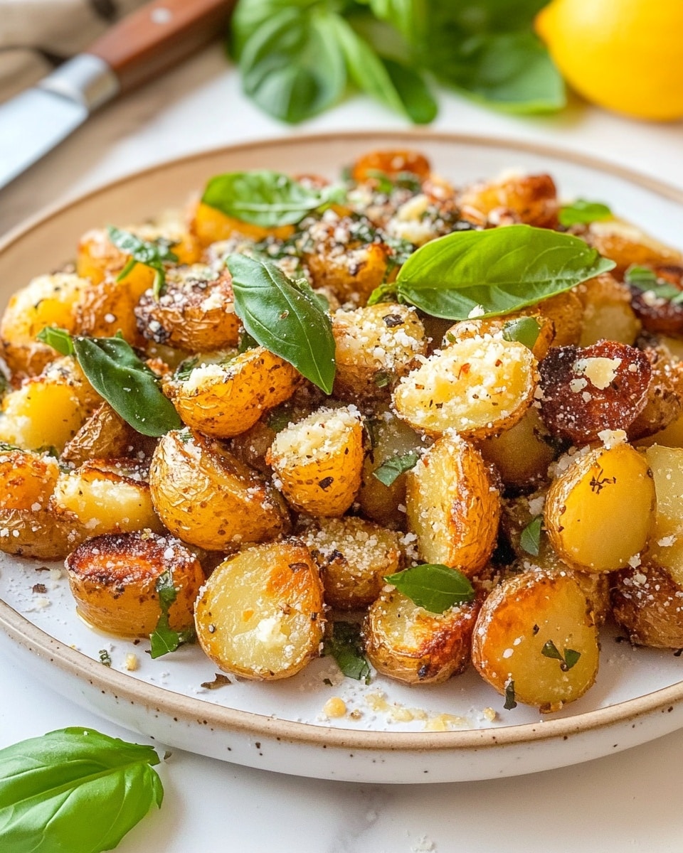 A white plate holds a pile of golden roasted potato pieces that are crispy and browned on the edges. The potatoes are mixed with crumbly white cheese spread unevenly across them, adding a creamy texture on top. Bright green thin strips of fresh basil leaves are sprinkled generously over the potato and cheese mix, giving a fresh look. Around the plate, you can see a wedge of lemon and a knife on a white marbled surface, with some green basil leaves in the foreground. The image is bright and natural, showing the textures of the crispy potatoes and soft cheese clearly. photo taken with an iphone --ar 4:5 --v 6.1