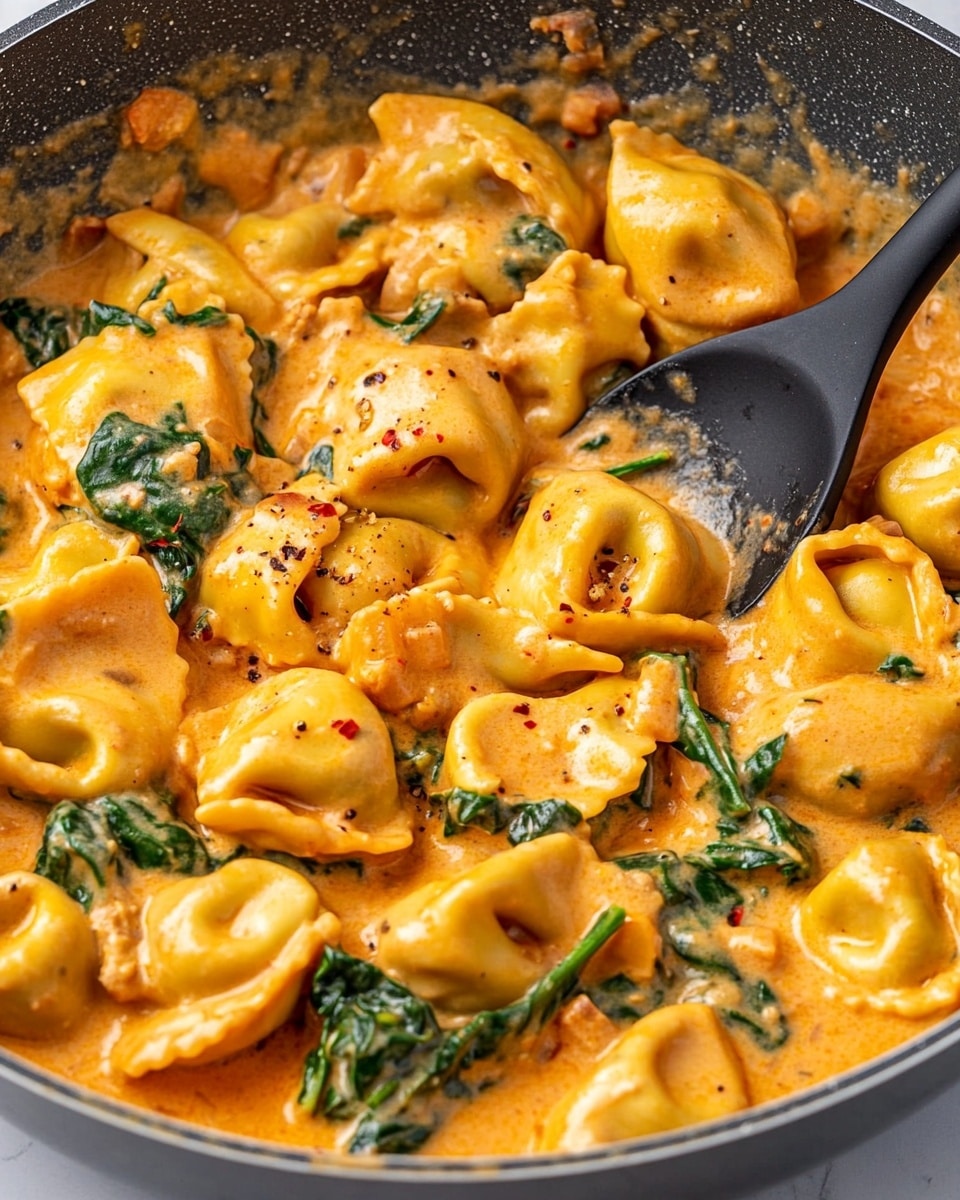 The image shows a close-up of a pan filled with tortellini pasta in a thick orange creamy sauce. The pasta pieces are folded and appear soft, coated evenly with the rich sauce. Intermixed are bright green spinach leaves that add a splash of color and freshness. There are small brown pieces of what looks like cooked chicken mixed into the sauce. The sauce has a smooth, slightly glossy texture, spreading around the pasta and ingredients. A black utensil is partially visible, stirring the mixture. The pan sits on a white marbled surface. photo taken with an iphone --ar 4:5 --v 6.1