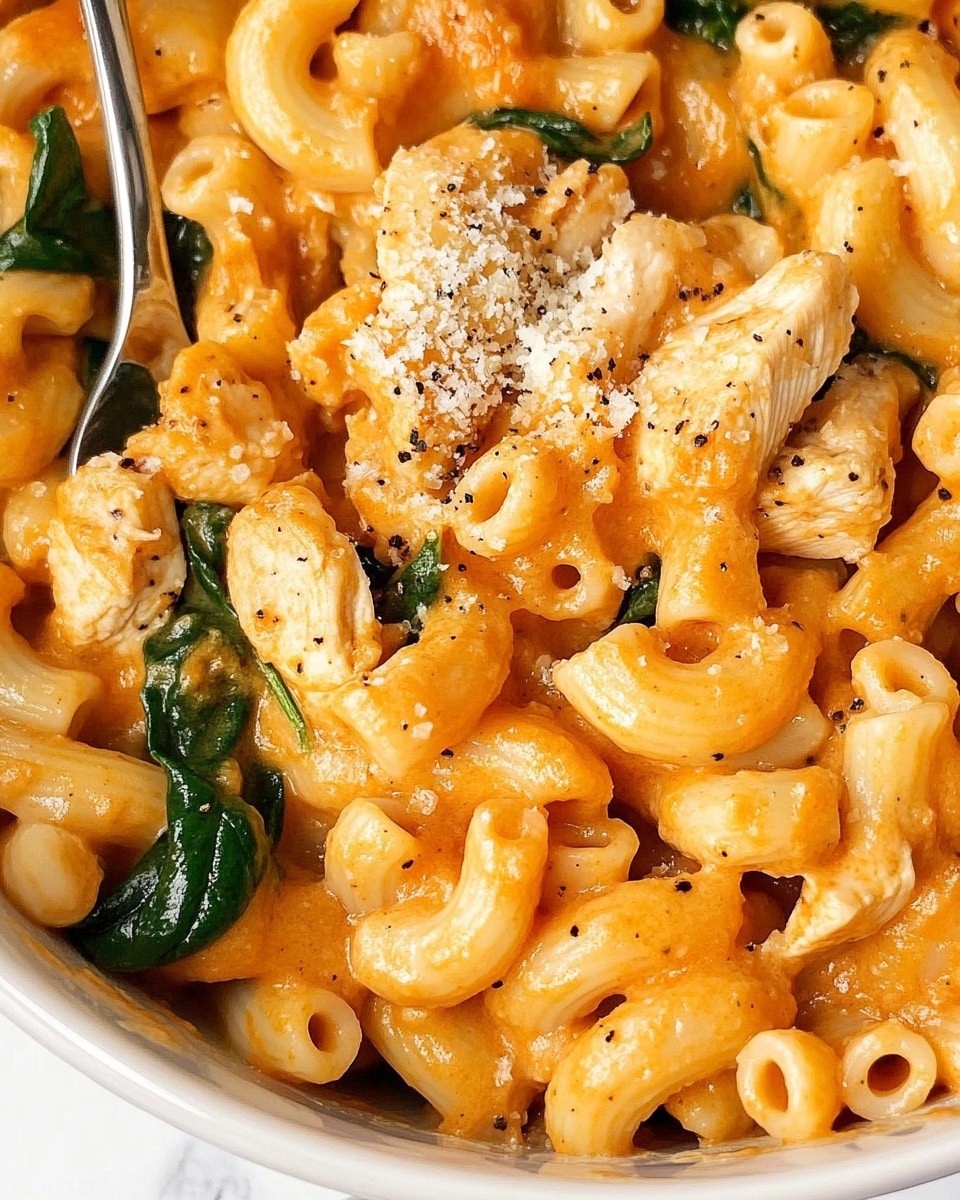 This close-up image shows a creamy pasta dish served in a white bowl on a white marbled surface. The pasta is elbow macaroni, coated in a warm, orange-colored sauce with visible black pepper seasoning. There are pieces of cooked chicken mixed in, showing a light golden color. Fresh green spinach leaves are scattered throughout, softly coated with the sauce. On one side, a pile of finely grated light yellow cheese is sprinkled on top, adding texture and color contrast. A metal spoon is digging into the pasta, revealing more creamy noodles, chicken pieces, and spinach beneath the surface. The overall look is rich, hearty, and colorful. Photo taken with an iphone --ar 4:5 --v 6.1