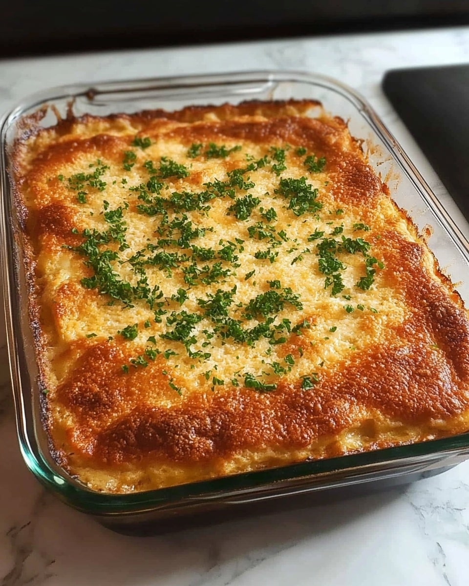 An oval white ceramic dish with a baked casserole inside sits on a white marbled surface. The casserole has a golden brown top layer with small crispy patches and is sprinkled with chopped green herbs and bright green sliced scallions all over. The baked layer shows a mix of creamy and crunchy textures, and some black pepper is lightly scattered across. The edges of the casserole are slightly browned and look firm, while the middle has a soft, fluffy appearance. photo taken with an iphone --ar 4:5 --v 6.1