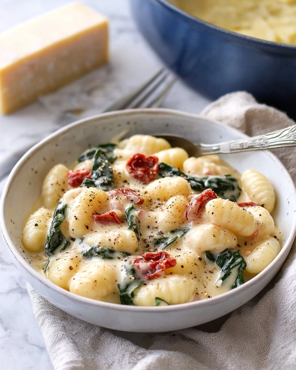 A white bowl filled with creamy gnocchi mixed with wilted green spinach and chunks of red sun-dried tomatoes, all coated in a smooth, thick white sauce with black pepper specks. The dish shows several small round gnocchi pieces layered evenly with bits of green and red vegetables scattered throughout. A silver spoon and fork rest on the edge of the bowl. In the background, there is a block of pale yellow cheese and a cheese grater placed near a white pot with blue handles filled with the same creamy mixture. The setup is on a beige cloth atop a white marbled surface. Photo taken with an iphone --ar 4:5 --v 6.1
