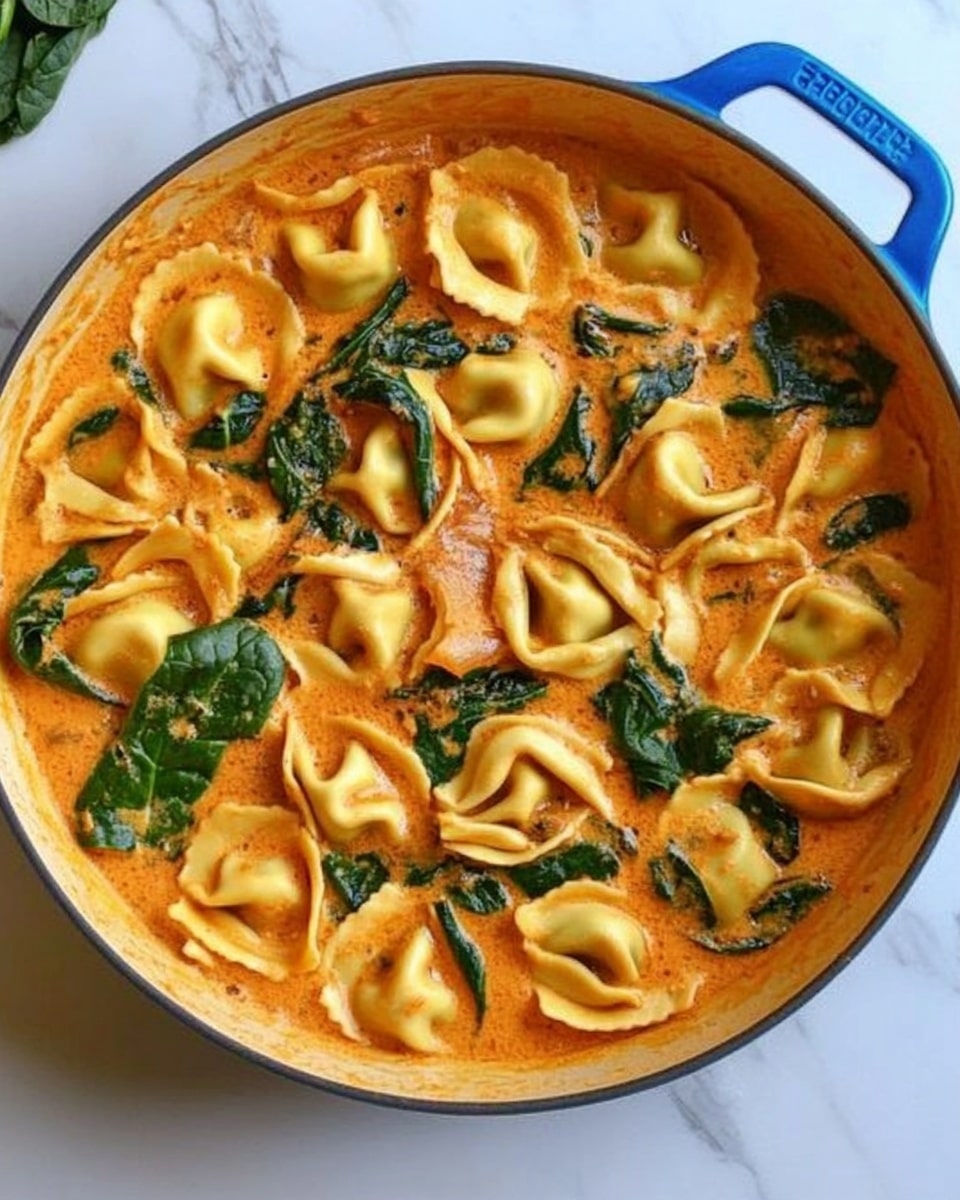 A round pan filled with a rich orange creamy sauce that covers the entire surface. Floating on top are many light beige tortellini pieces with soft, folded shapes. Scattered around are dark green spinach leaves that add contrast to the sauce and pasta. The pan has blue handles and sits on a white marbled surface. photo taken with an iphone --ar 4:5 --v 6.1