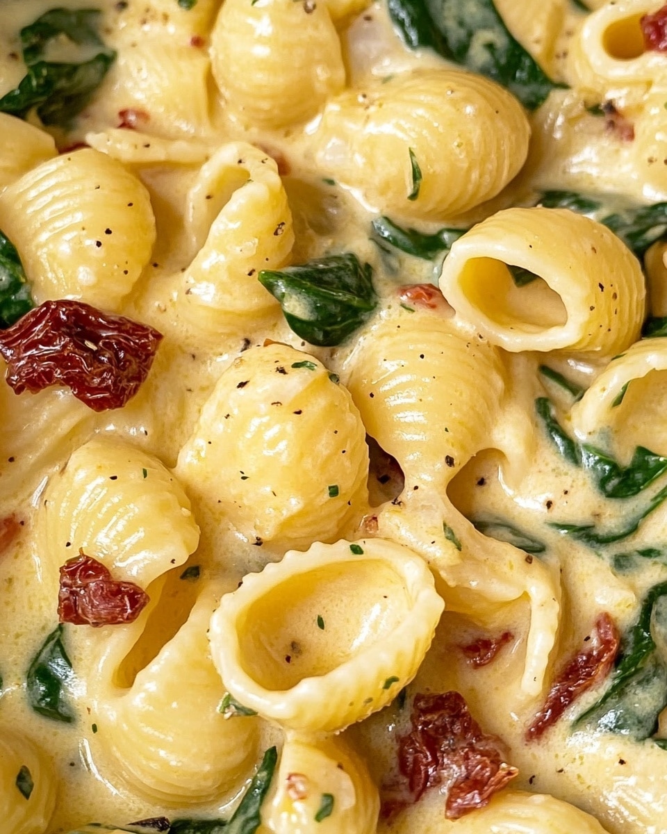 The image shows a close-up of a creamy pasta dish with shell-shaped noodles coated in a light yellow sauce. The pasta is mixed with bright green spinach leaves and small pieces of red sun-dried tomatoes, adding contrast to the creamy base. The sauce looks smooth and thick, clinging well to the pasta and leaves, with small green herb bits scattered throughout. The dish fills the frame, giving a rich and comforting feel with vibrant greens and reds popping against the soft creamy yellow sauce. Photo taken with an iphone --ar 4:5 --v 6.1