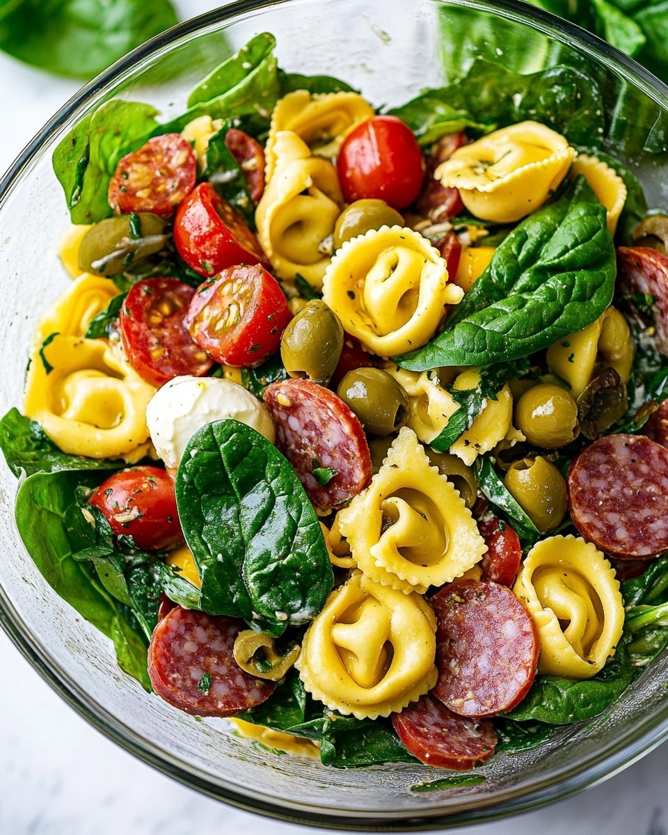 A glass bowl filled with a layered salad starting with fresh, dark green spinach leaves evenly spread on top. Mixed in are pale yellow tortellini pasta pieces with smooth, slightly shiny surfaces. Bright red and yellow cherry tomato halves add contrast, alongside thin, reddish-brown strips of salami scattered throughout. Small white mozzarella balls and green olives are also mixed in, giving texture variety. The ingredients appear coated lightly with a dressing, adding a slight shine. The background is a white marbled surface with a hint of green basil leaves in the corner. Photo taken with an iphone --ar 4:5 --v 6.1