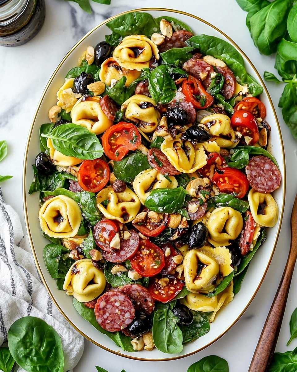 A large white oval plate with gold rim is filled with a colorful tortellini salad layered with vibrant green spinach leaves and fresh basil scattered on top. The yellow tortellini pasta shows some grilled brown spots. Bright red and yellow cherry tomato halves are spread throughout, mixed with thin slices of dark red salami. Small white round nuts or cheese balls, black olives, and pieces of sun-dried tomatoes add texture and color. A drizzle of dark balsamic glaze is visible on top. The plate rests on a white marbled surface with fresh green basil leaves nearby, a stack of white plates to the left, and a jar with a wooden dipper and a striped cloth napkin partially under the plate. Photo taken with an iphone --ar 4:5 --v 6.1